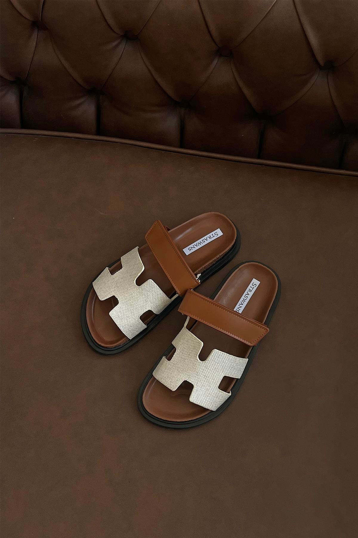 Palmeira  Kadın  Cırt  Bantlı  Deri  Terlik Bej-Hasır