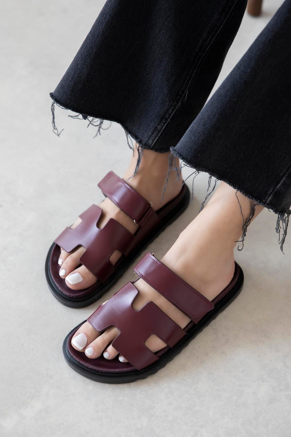 Palmeira  Kadın  Cırt  Bantlı  Deri  Terlik Bordo