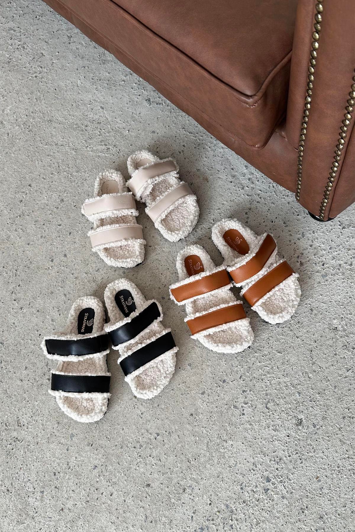 Pietro   Kadın  Tüylü  Bant Detay Düz Taban Terlik Taba