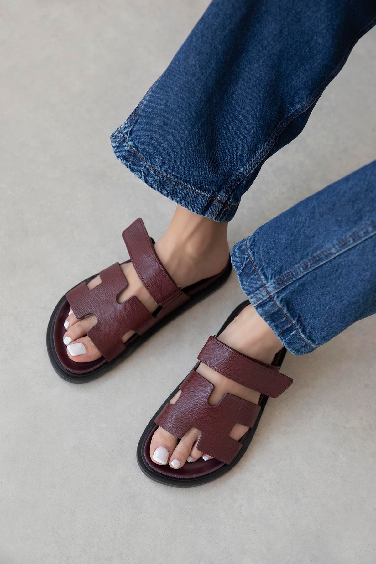 Pina Kadın  Cırt  Bantlı  Baskı  Deri  Terlik Bordo