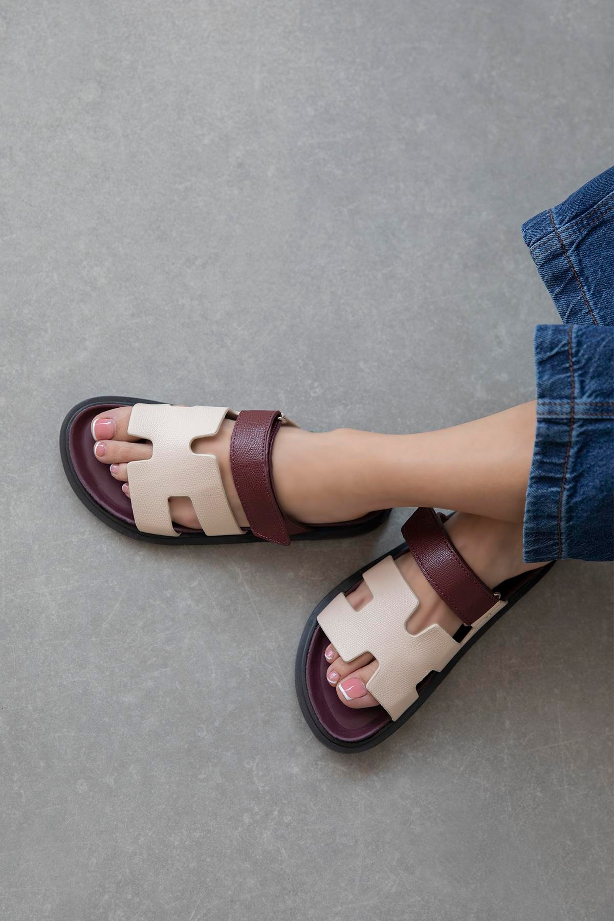 Pina Kadın  Cırt  Bantlı  Baskı  Deri  Terlik Bordo-Bej