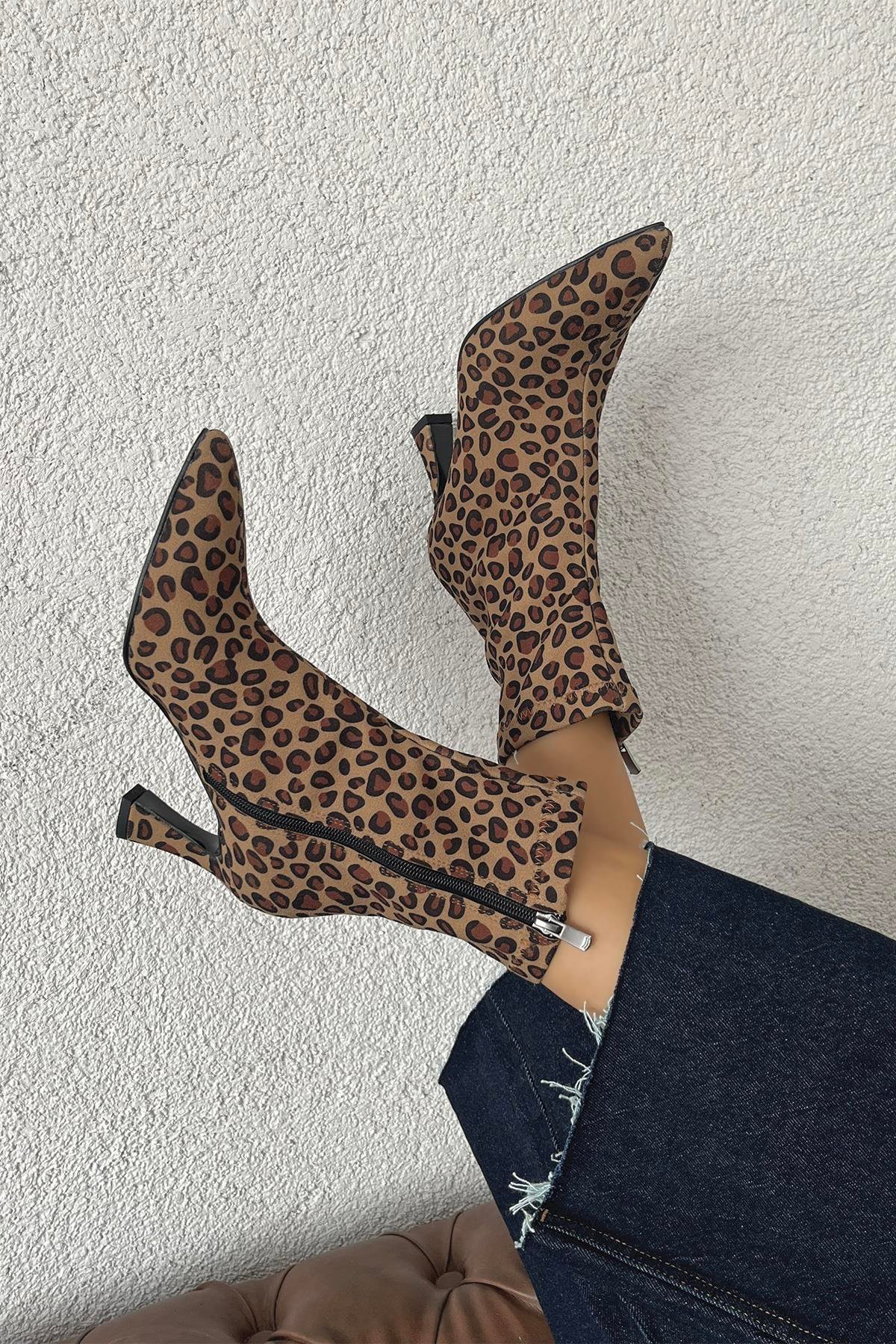 Poppin Kadın Pino Ökçe  Kumaş Bot Leopar
