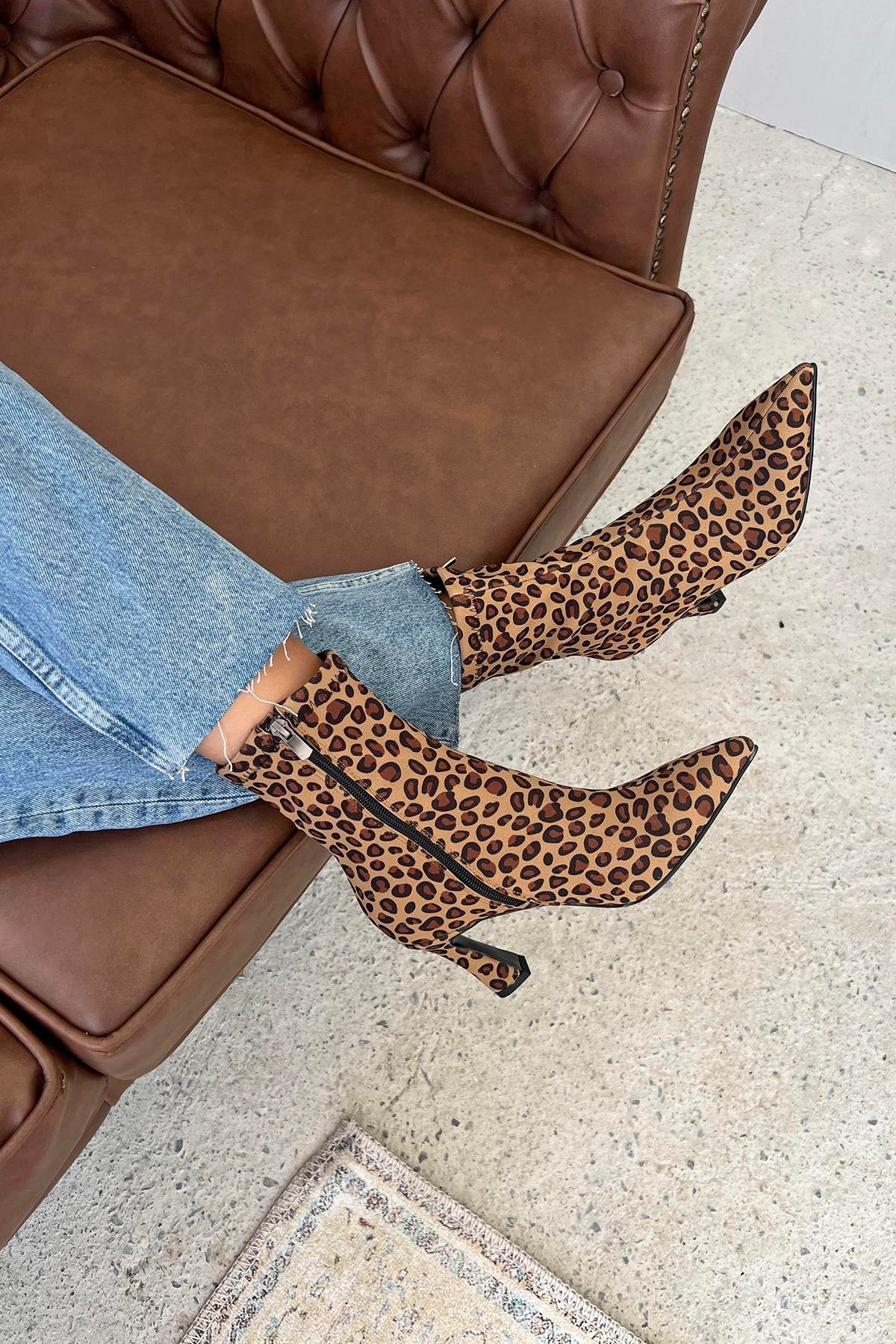 Poppin Kadın Pino Ökçe  Kumaş Bot Leopar