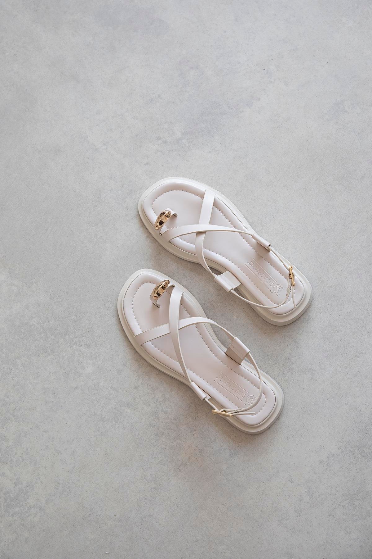 Puket Kadın Parmak Arası Deri Sandalet Bej