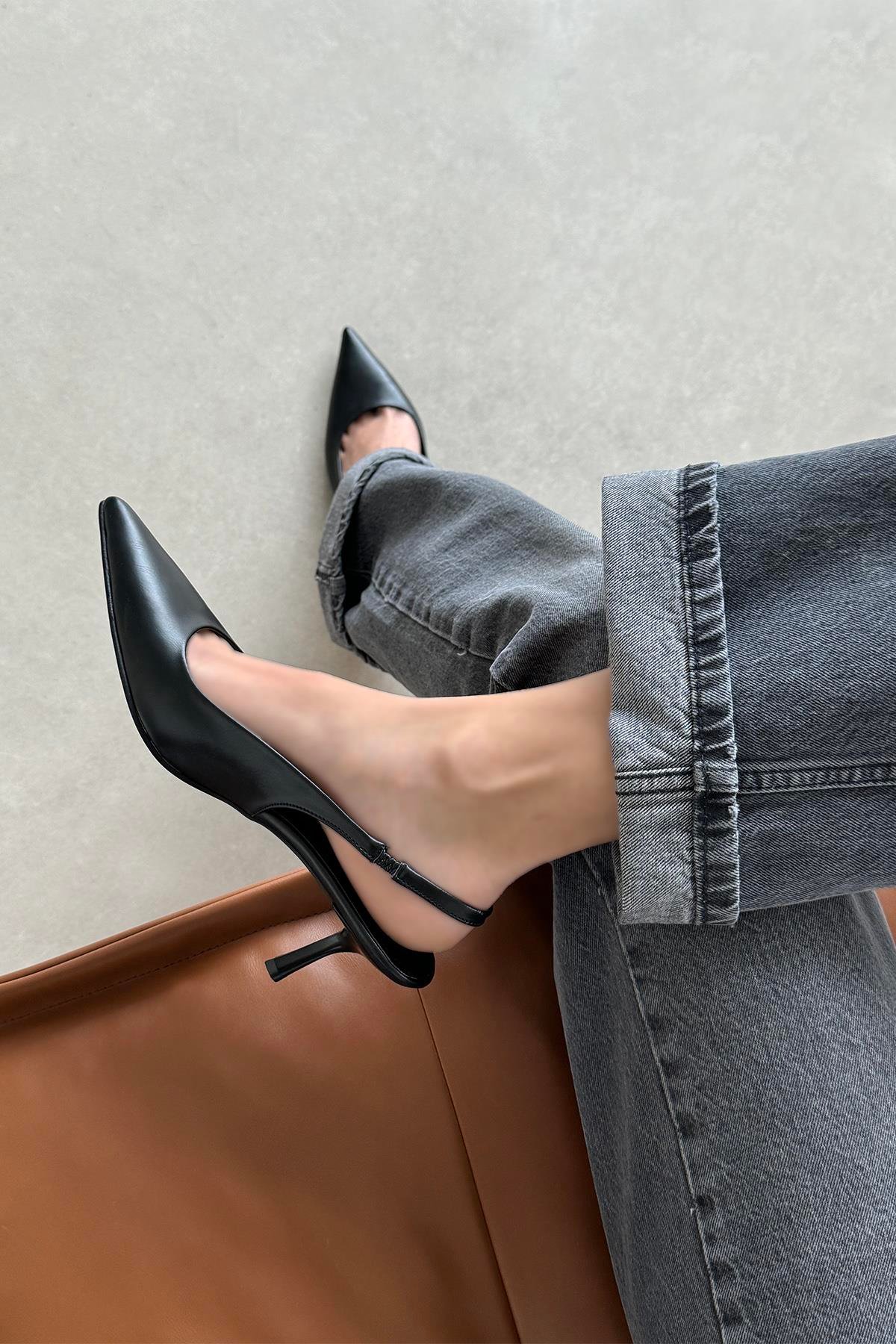 Raye Kadın Topuklu Deri Ayakkabı Siyah