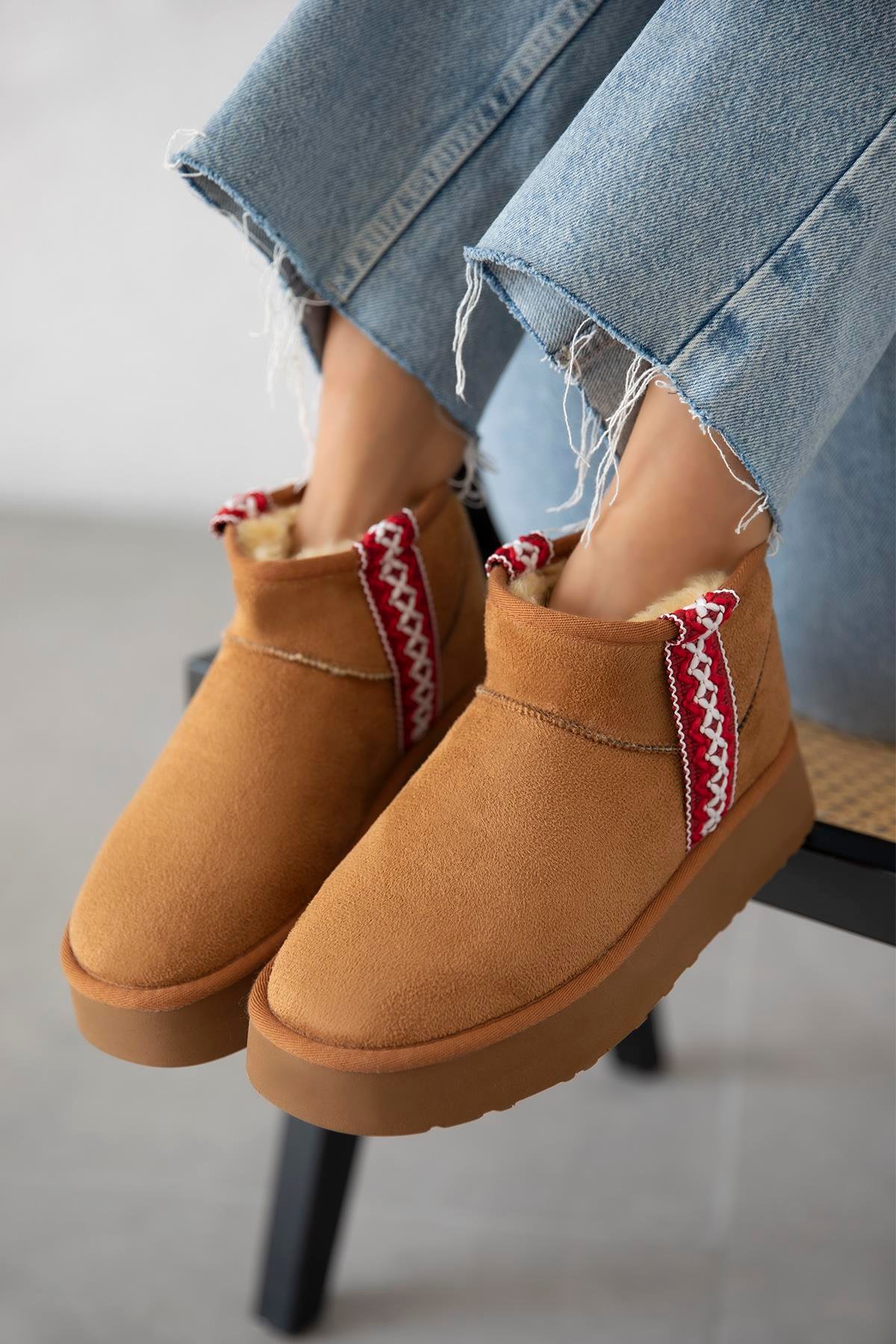 Rosso Kadın  İçi  Tüylü Kalın Taban  Süet Yarım  Bot Taba