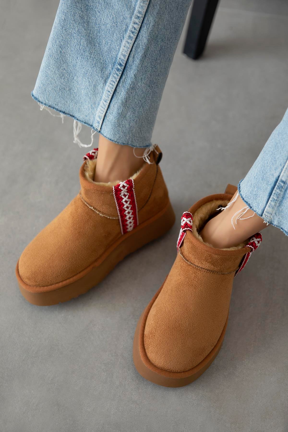 Rosso Kadın  İçi  Tüylü Kalın Taban  Süet Yarım  Bot Taba