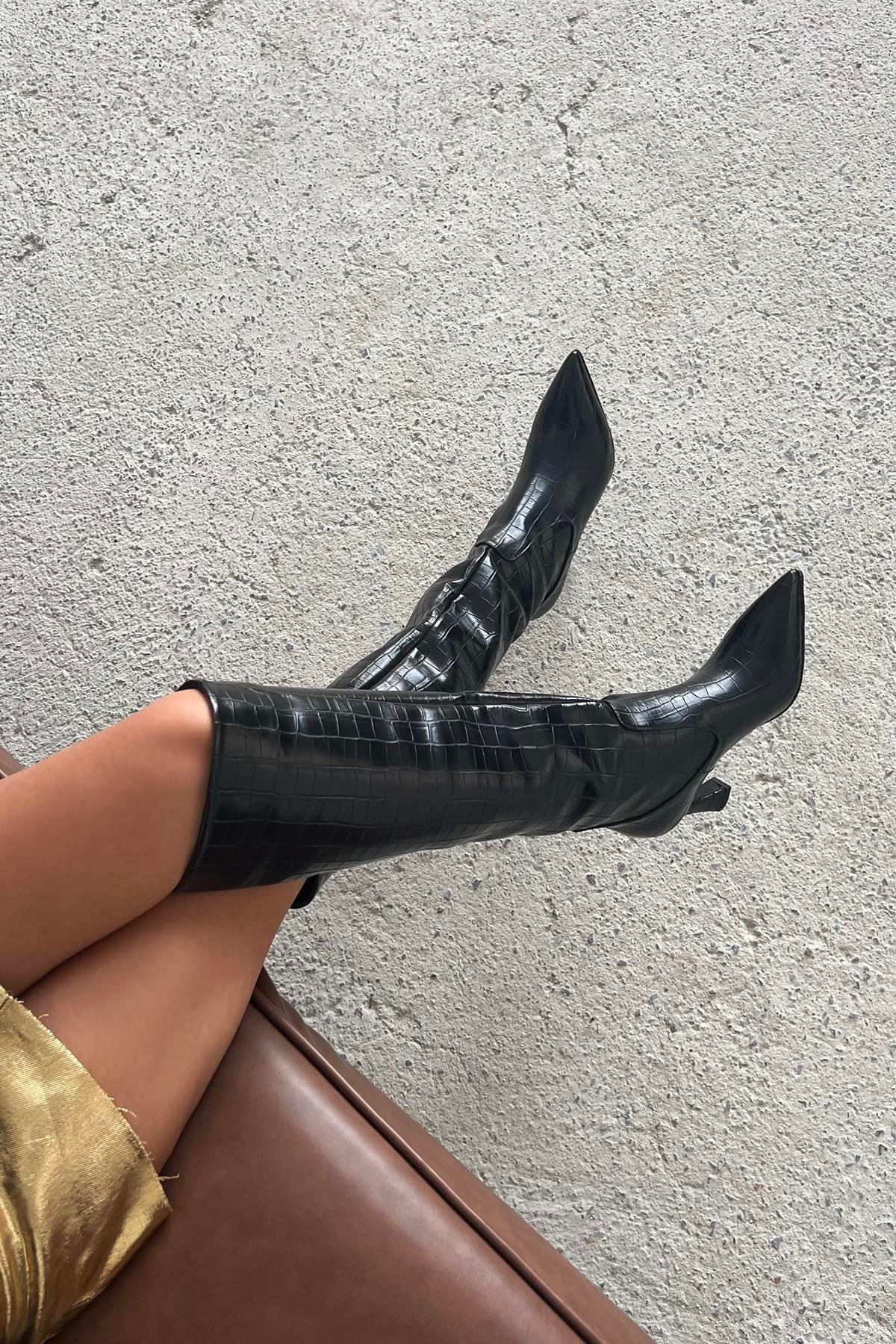 Santa Kadın Pino  Ökçe  Kroko  Deri  Çizme Siyah