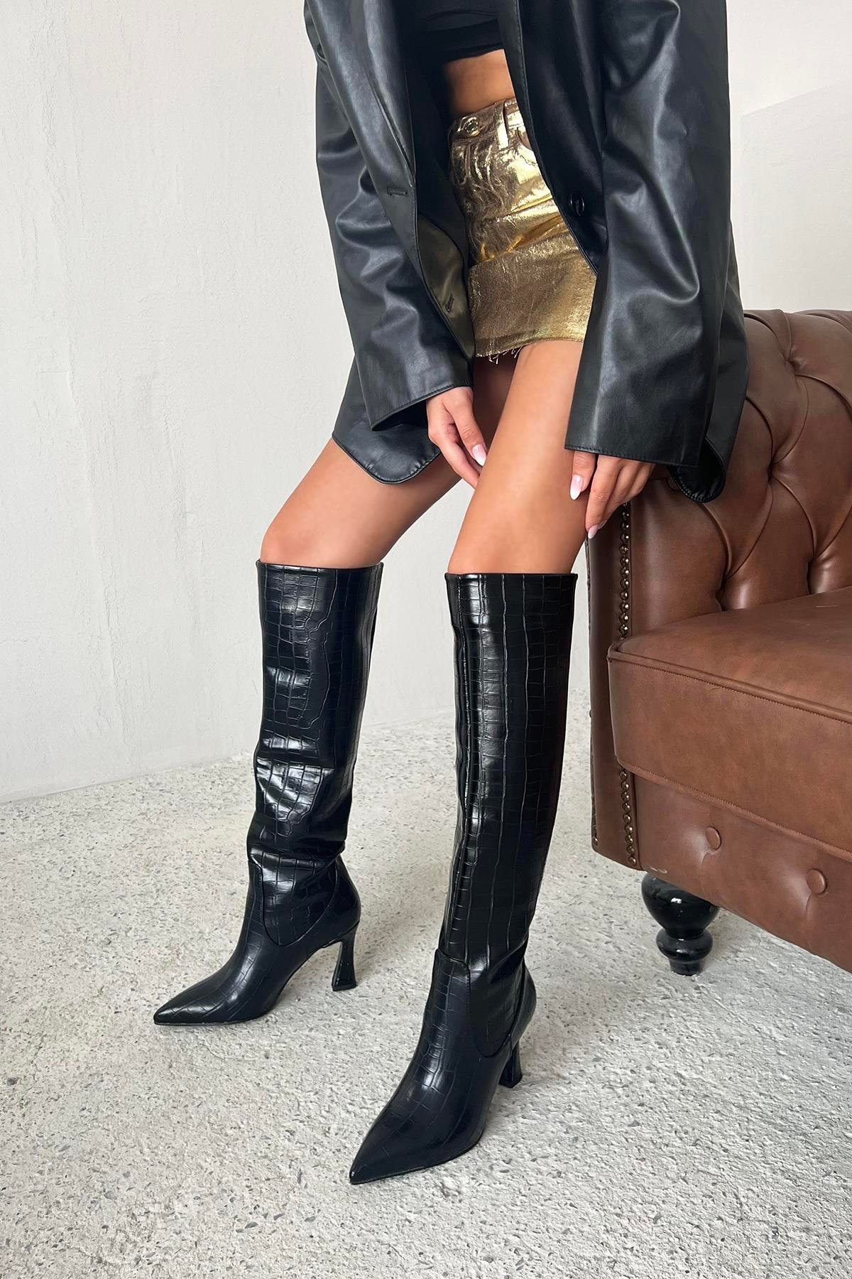 Santa Kadın Pino  Ökçe  Kroko  Deri  Çizme Siyah