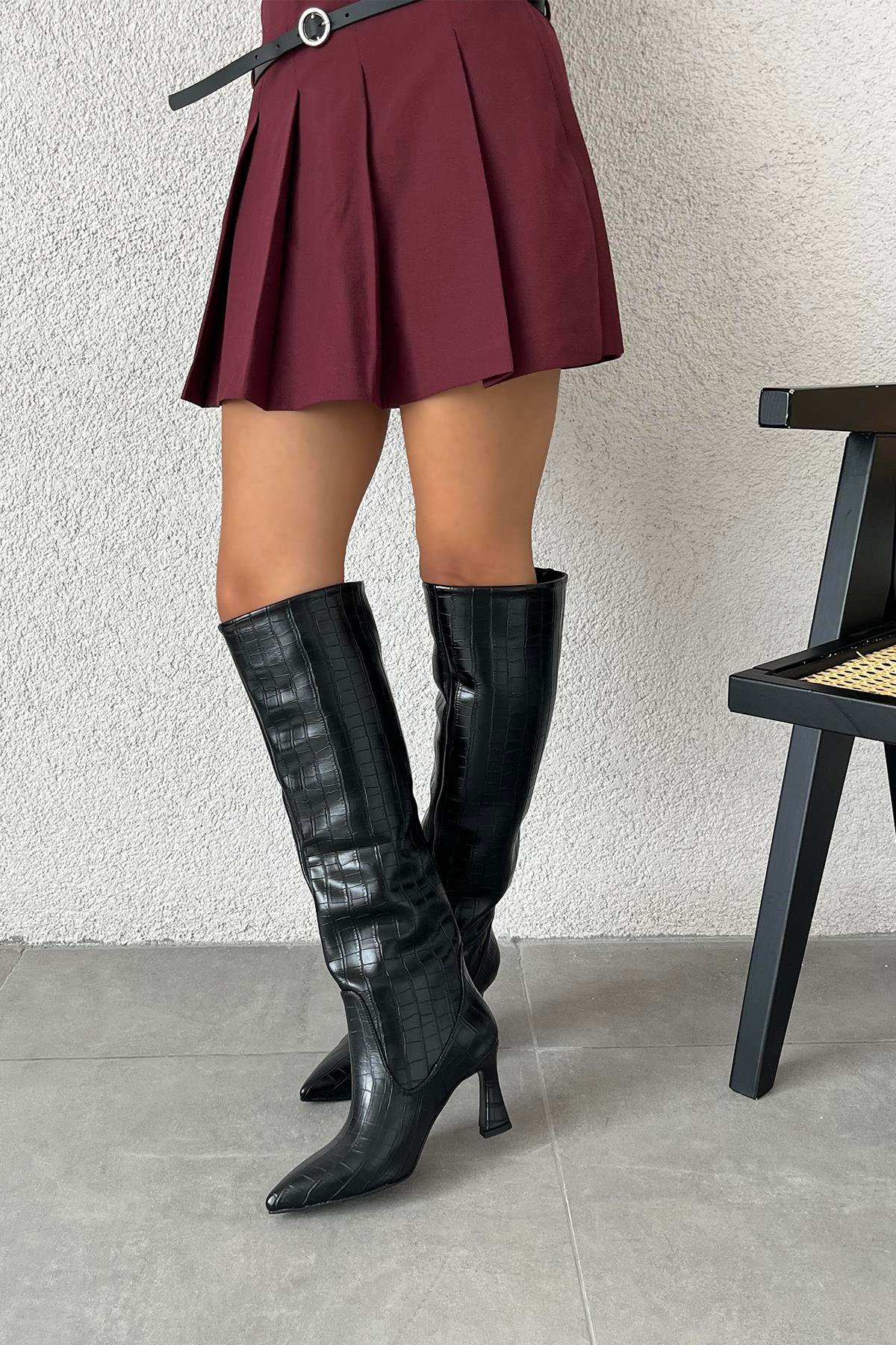 Santa Kadın Pino  Ökçe  Kroko  Deri  Çizme Siyah