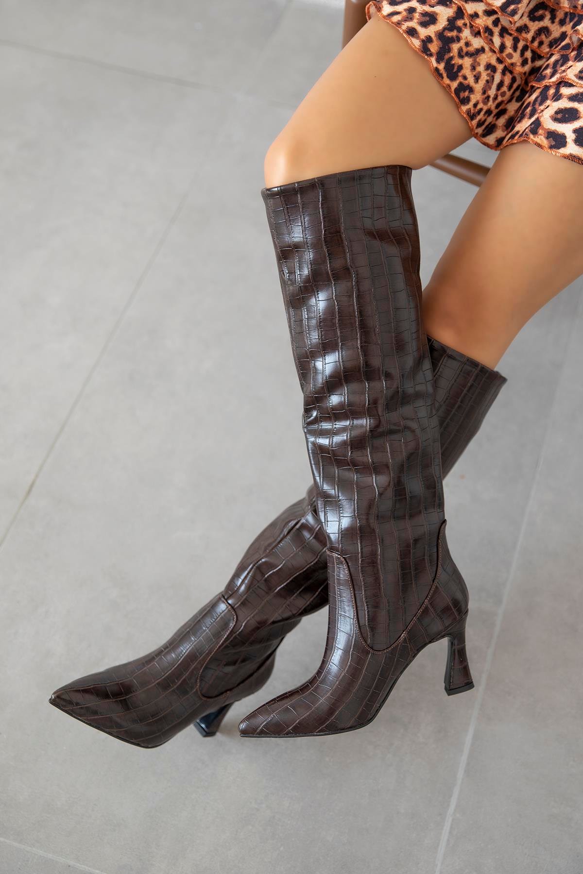 Santa Kadın Pino  Ökçe  Kroko  Deri  Çizme Kahve