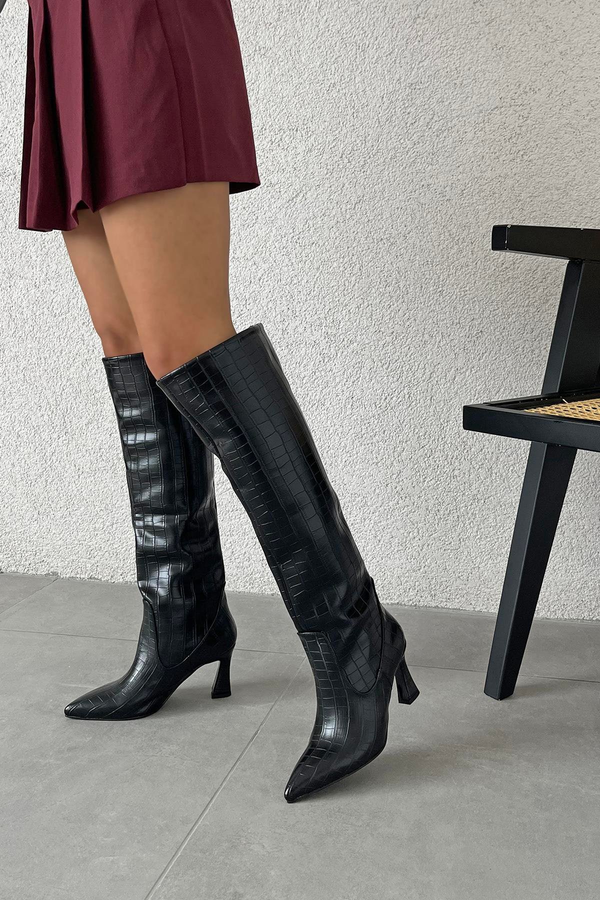 Santa Kadın Pino  Ökçe  Kroko  Deri  Çizme Siyah