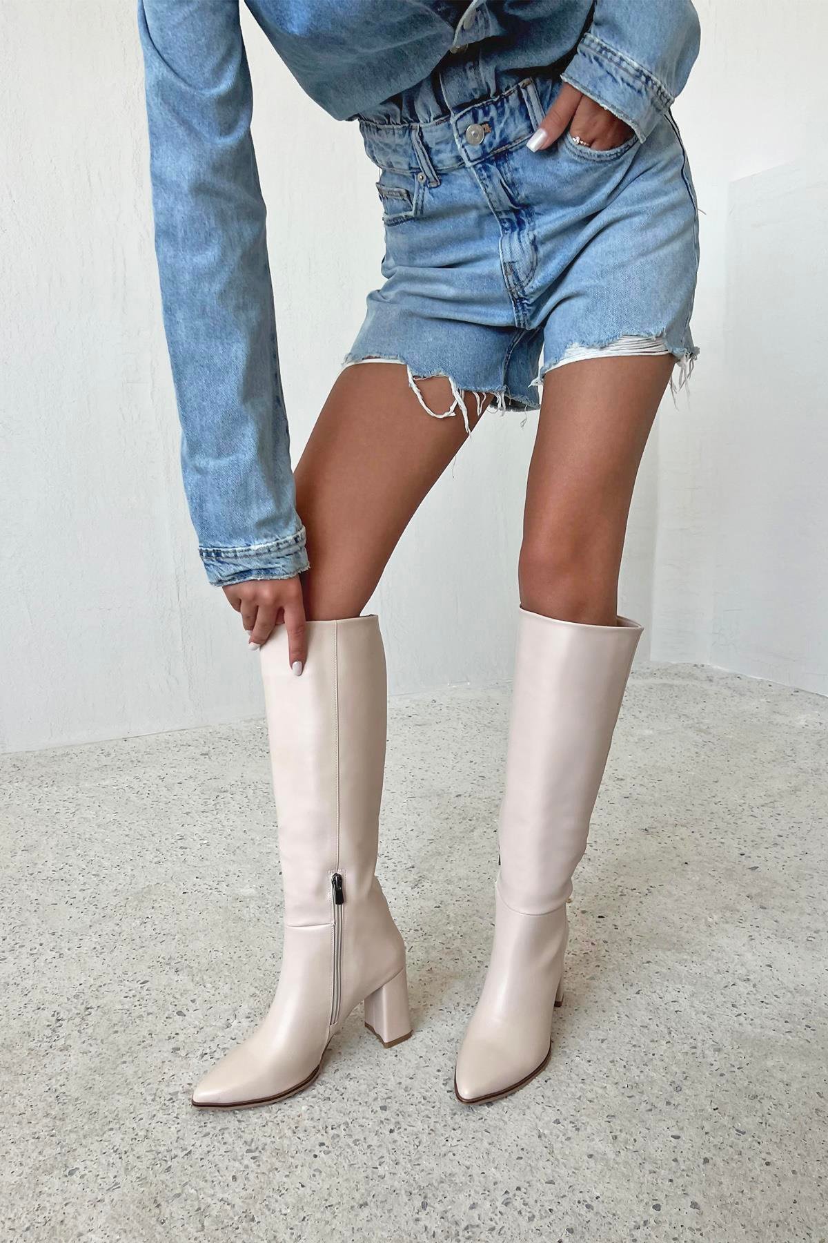 Sawyer  Kadın  Sivri  Burun Deri Çizme Bej