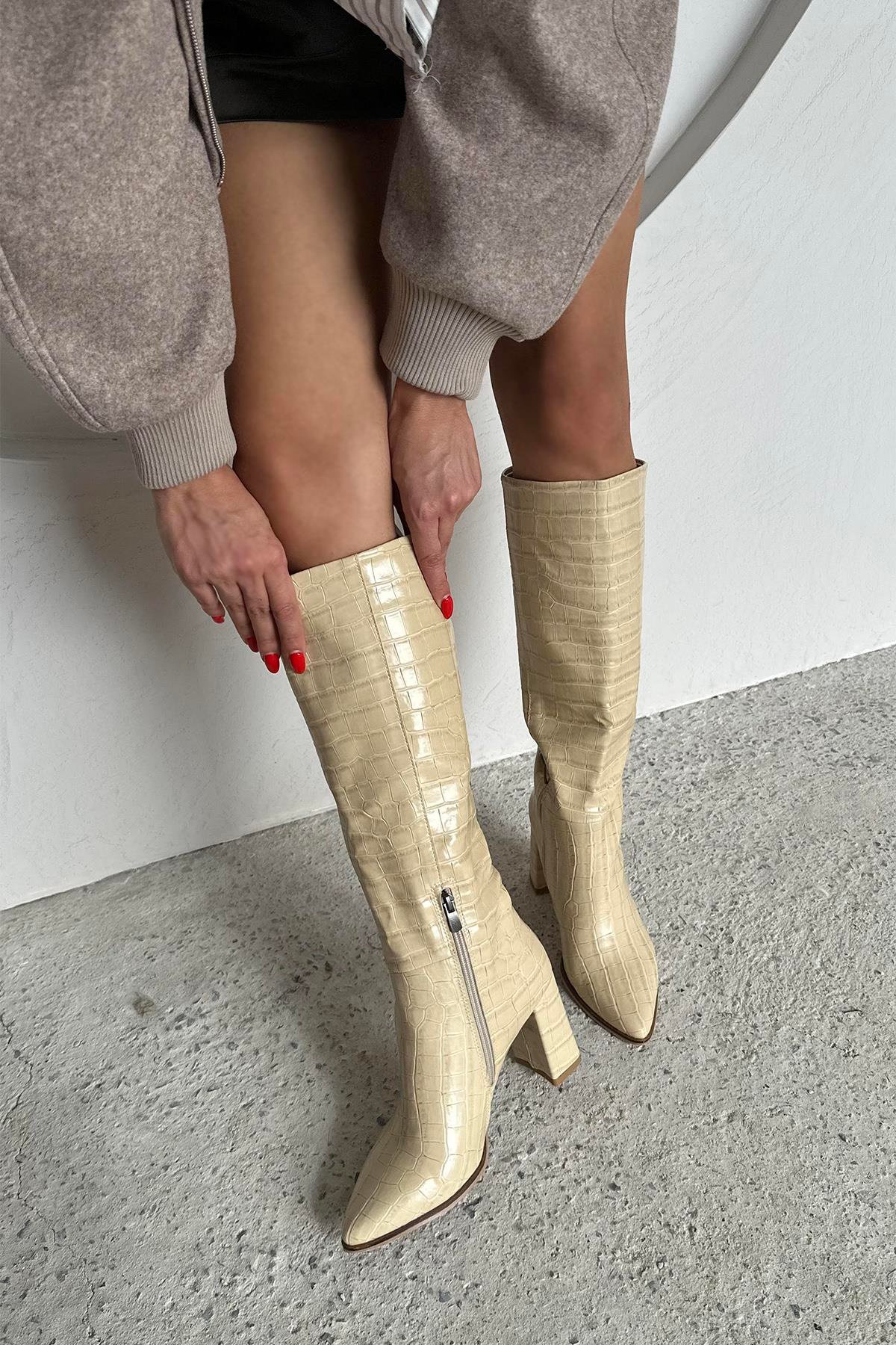 Sawyer  Kadın  Sivri  Burun Kroko Çizme Bej