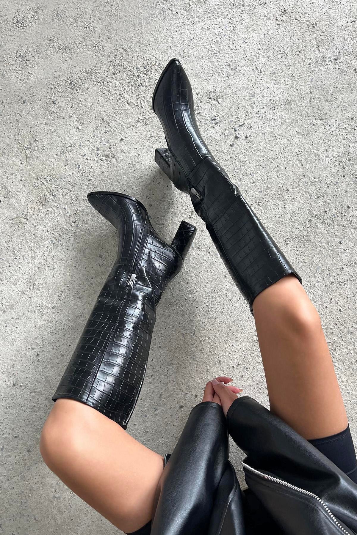 Sawyer  Kadın  Sivri  Burun Kroko Çizme Siyah