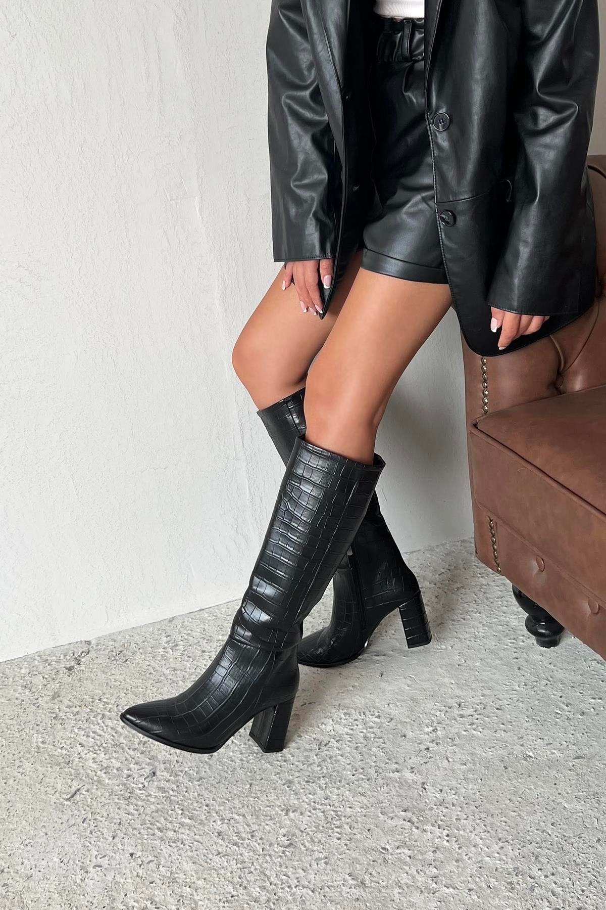 Sawyer  Kadın  Sivri  Burun Kroko Çizme Siyah