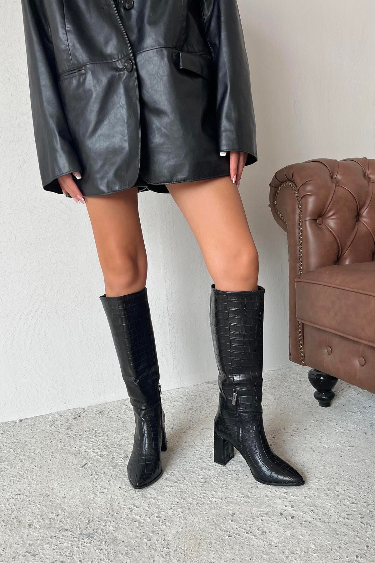 Sawyer  Kadın  Sivri  Burun Kroko Çizme Siyah