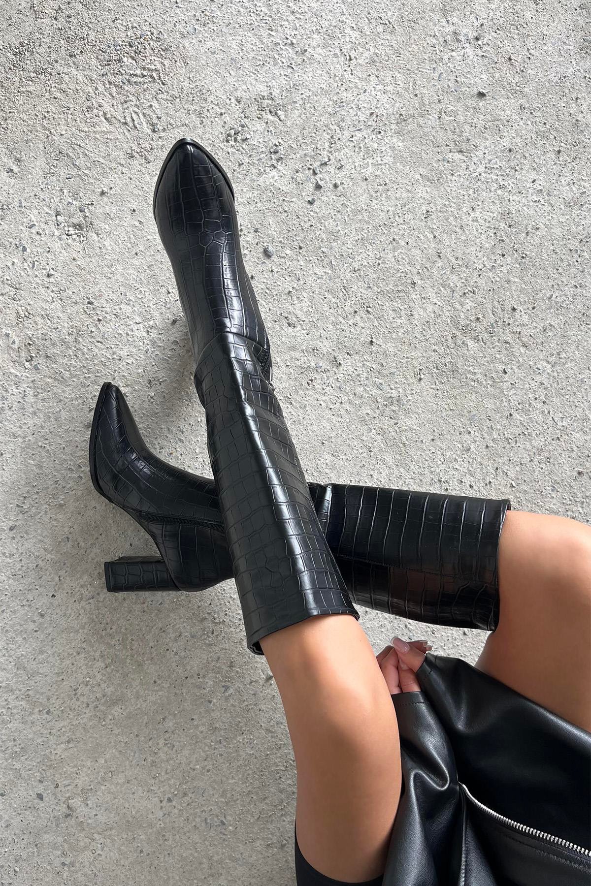 Sawyer  Kadın  Sivri  Burun Kroko Çizme Siyah