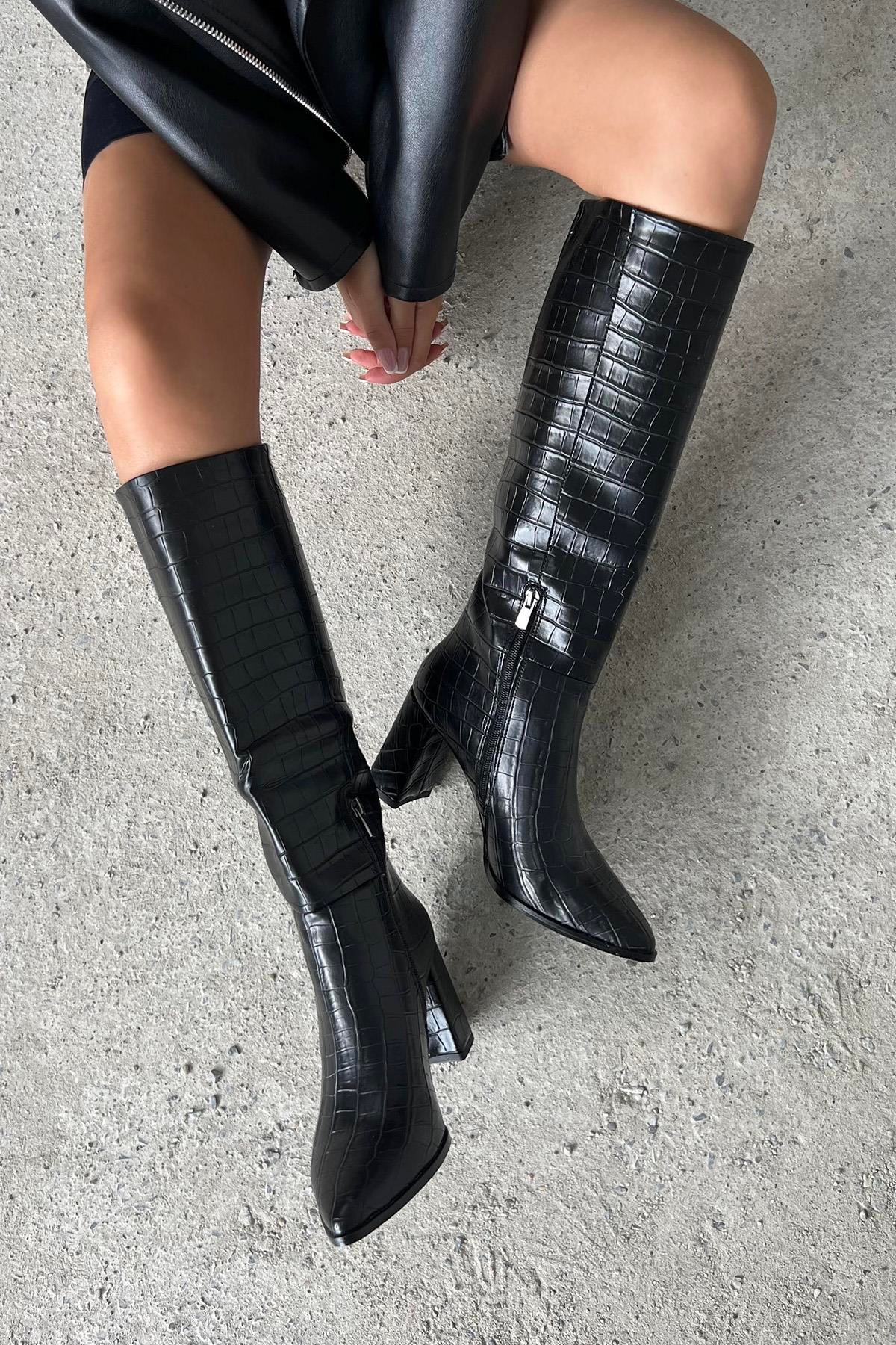 Sawyer  Kadın  Sivri  Burun Kroko Çizme Siyah