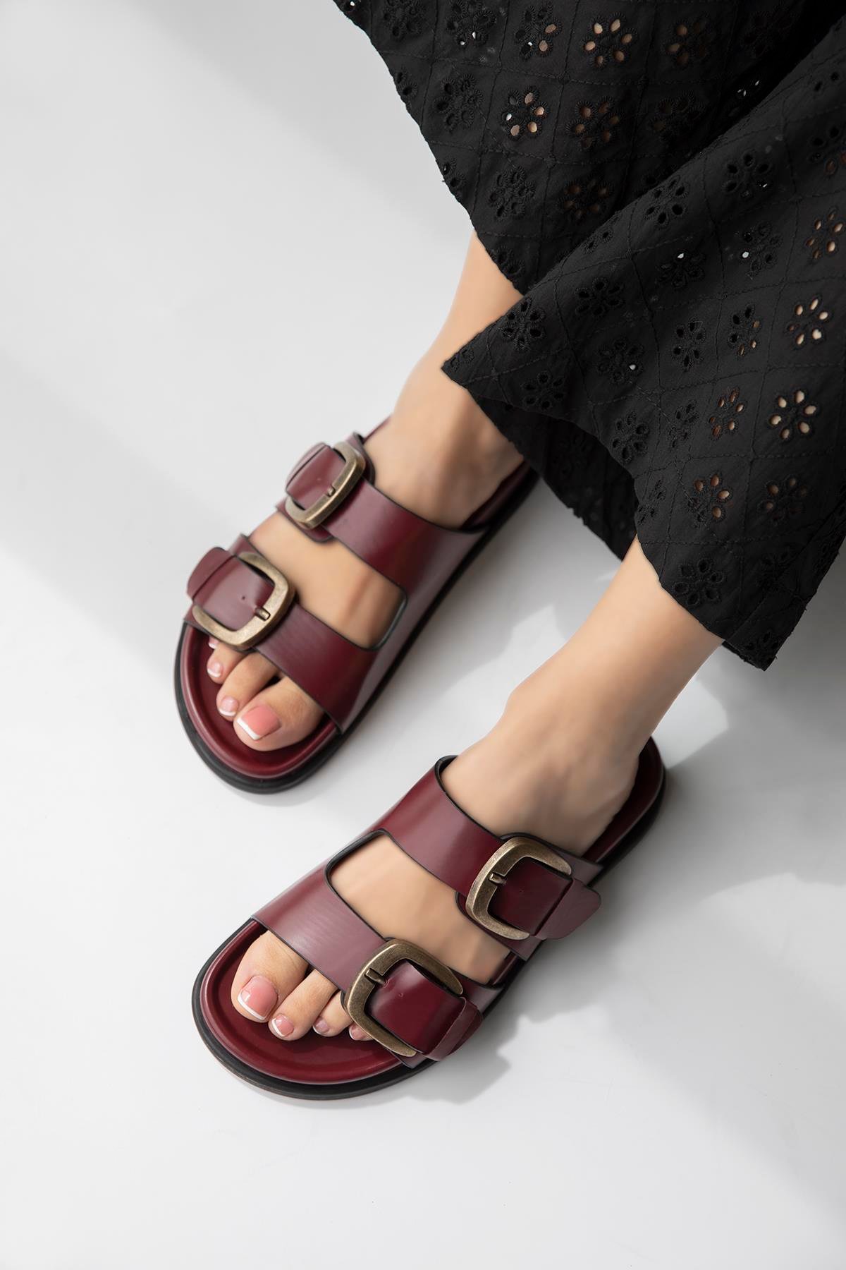 Sebonis Kadın Toka Detay Günlük Konfor Deri Terlik Bordo