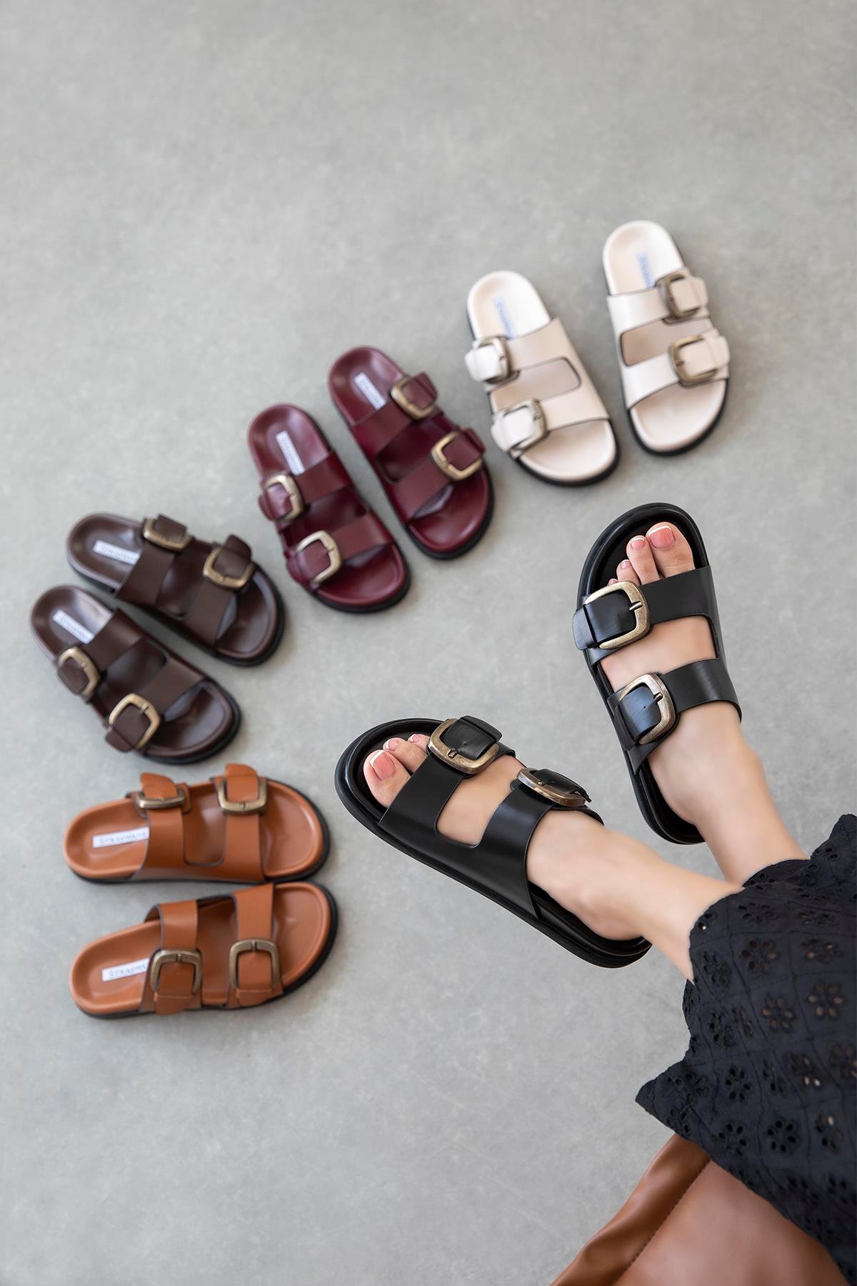 Sebonis Kadın Toka Detay Günlük Konfor Deri Terlik Taba