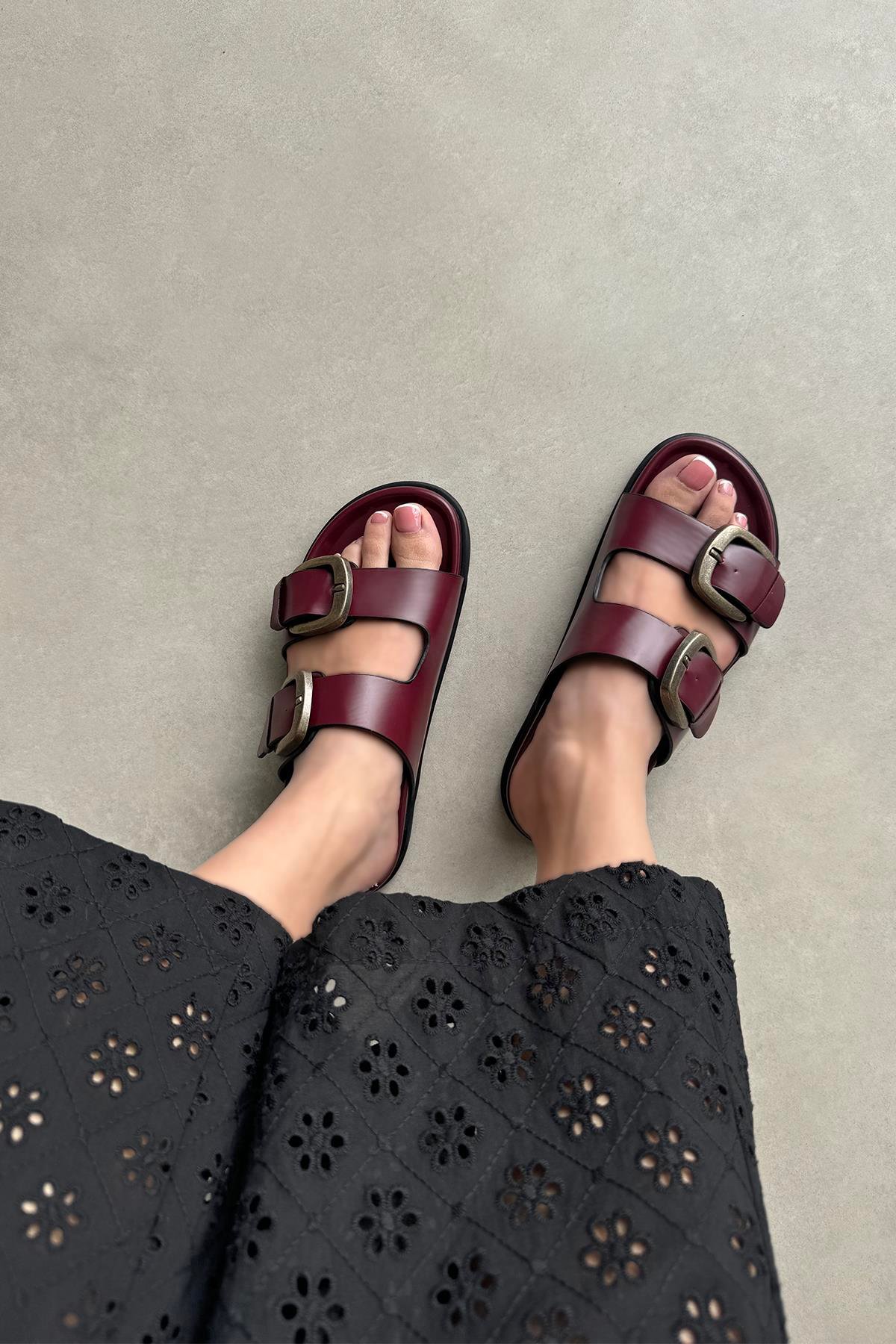 Sebonis Kadın Toka Detay Günlük Konfor Deri Terlik Bordo