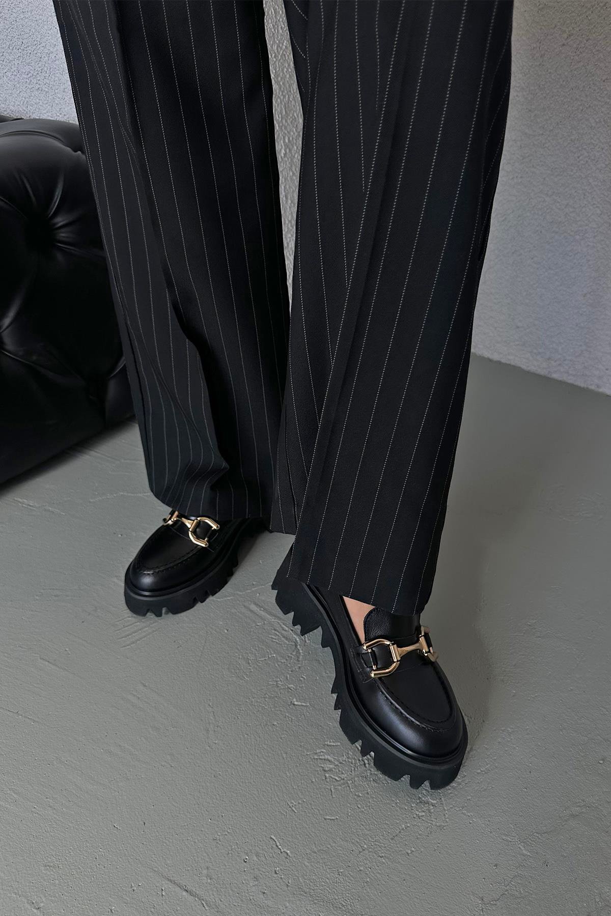 Sellly Kadın İçi Dışı  Hakiki Deri  Makosen Ayakkabı Siyah