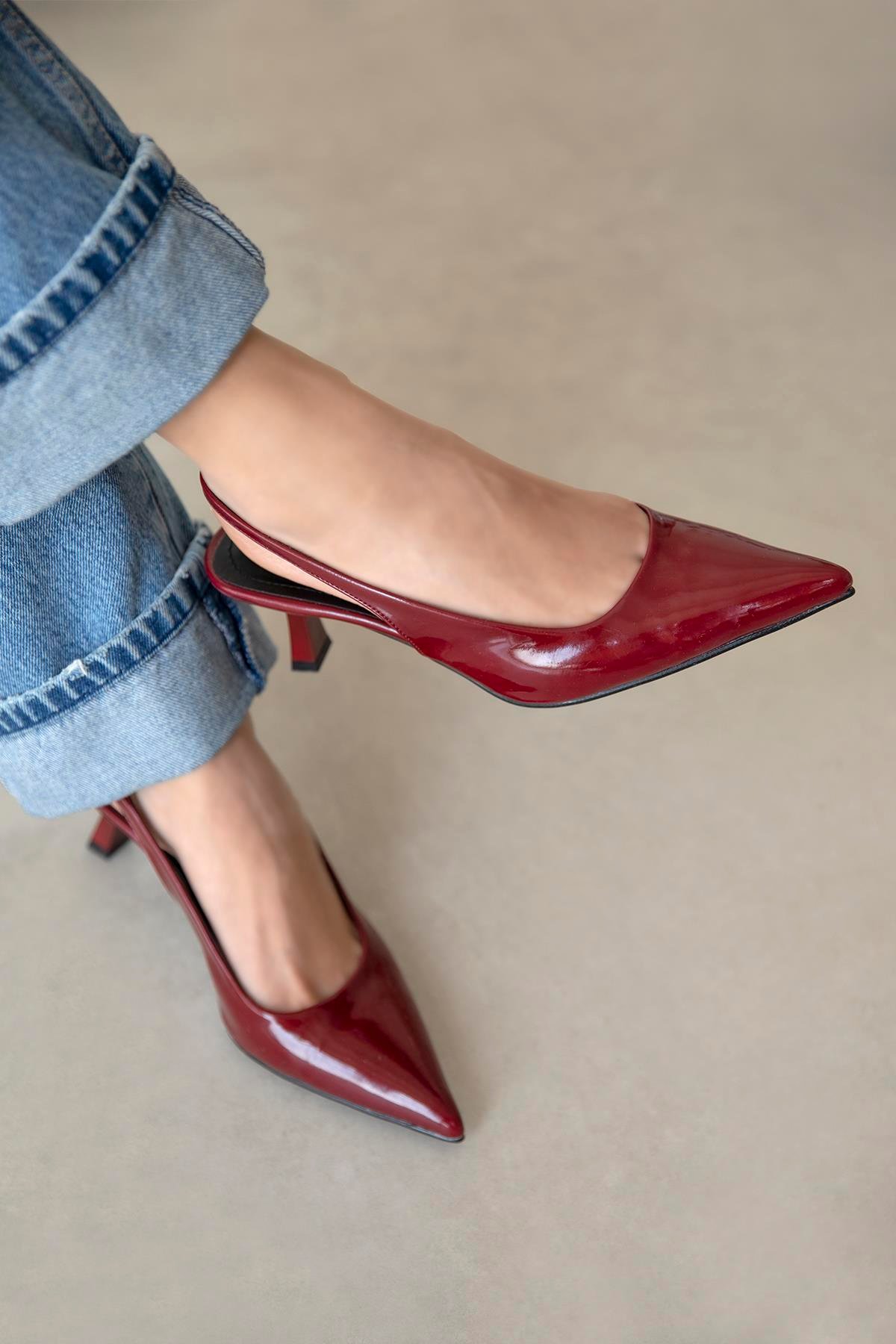 Silver  Kadın Topuklu  Rugan  Ayakkabı Bordo