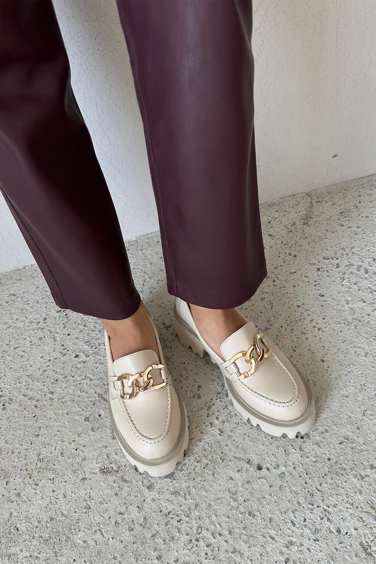 Sımmı Kadın İçi Dışı  Hakiki Deri  Makosen Ayakkabı Bej