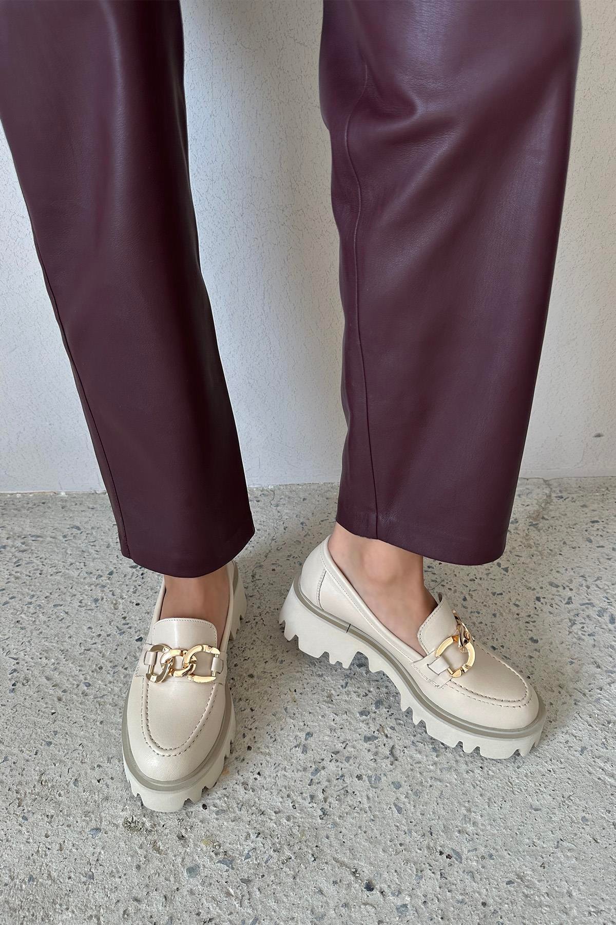 Sımmı Kadın İçi Dışı  Hakiki Deri  Makosen Ayakkabı Bej