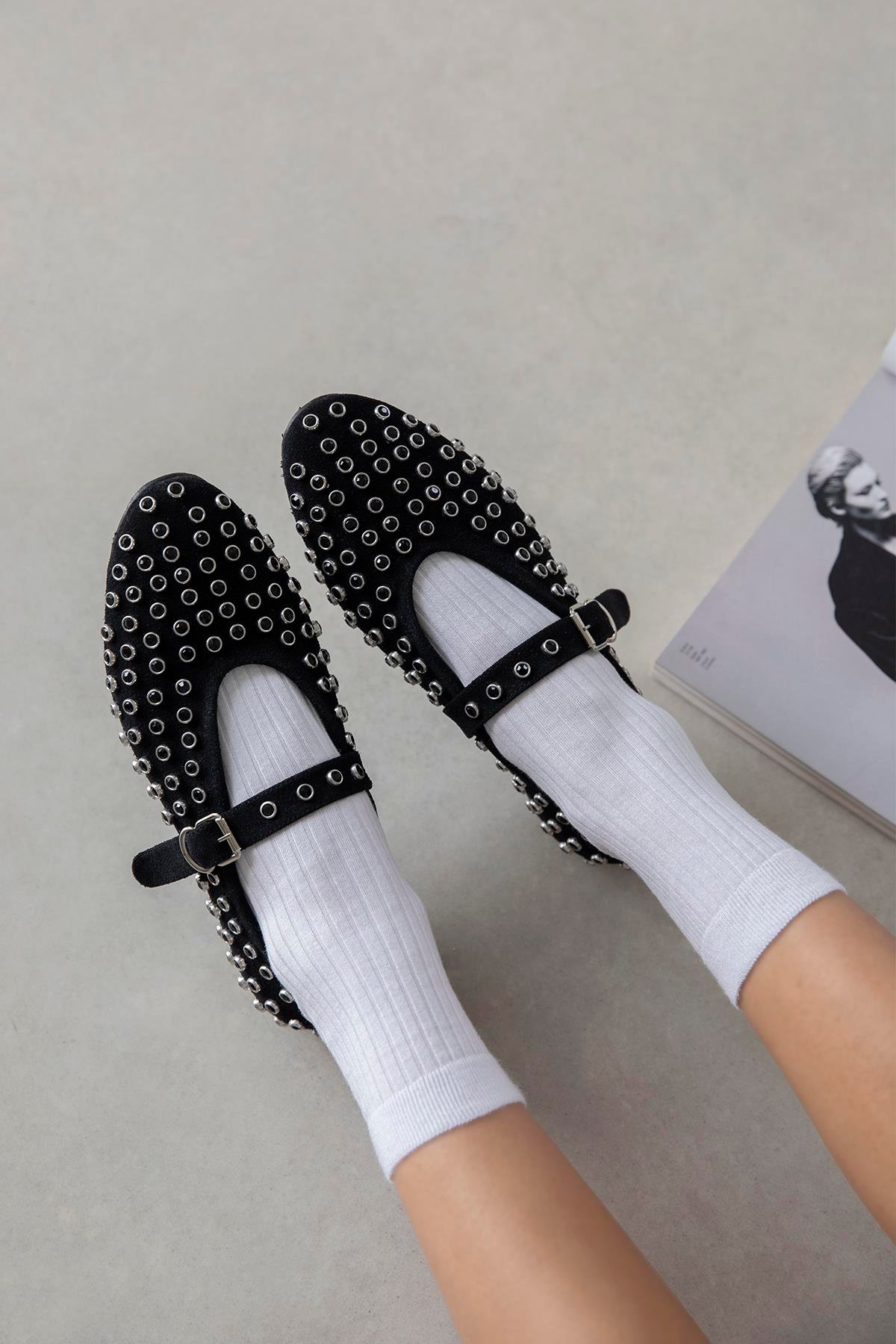 Sofia Kadın Drop Detay Süet Babet Siyah