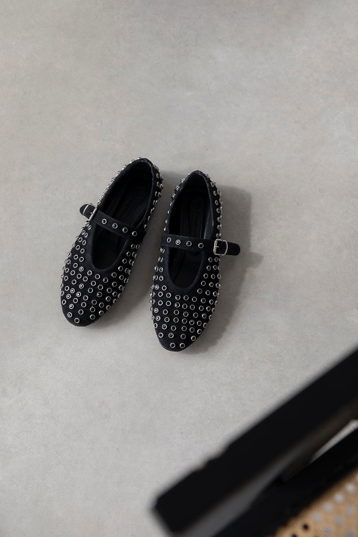 Sofia Kadın Drop Detay Süet Babet Siyah