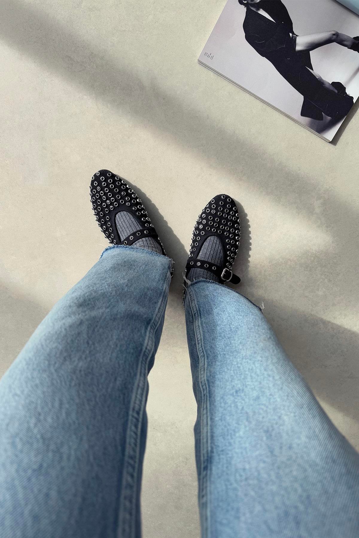 Sofia Kadın Drop Detay Süet Babet Siyah