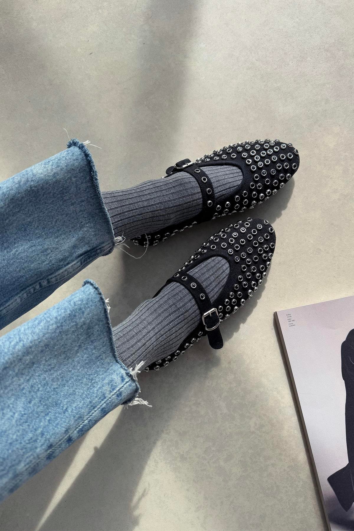 Sofia Kadın Drop Detay Süet Babet Siyah