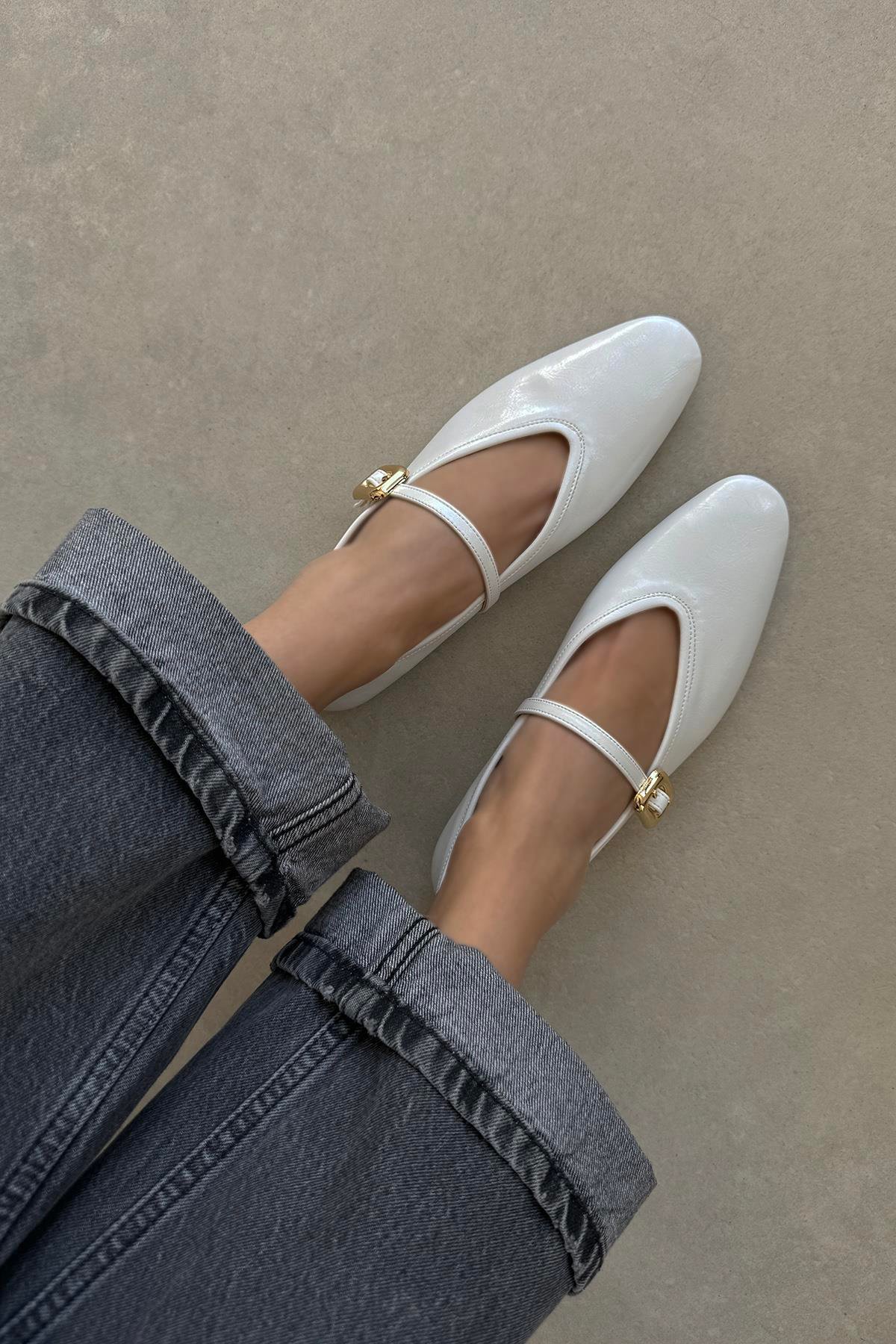 Stony Kadın Kırışık Deri Babet Beyaz