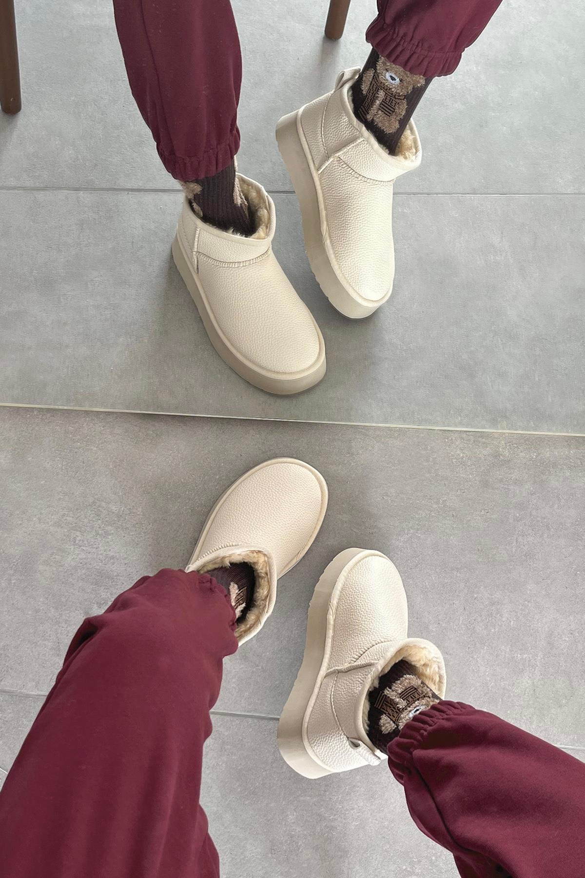 Tommo Kadın  İçi Tüylü Kalın Taban  Deri  Yarım  Bot Bej