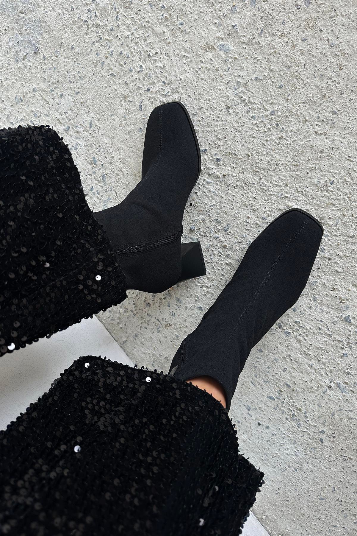 Trew Kadın Kumaş Streç Bilekli  Orta  Boy Topuklu  Bot Siyah