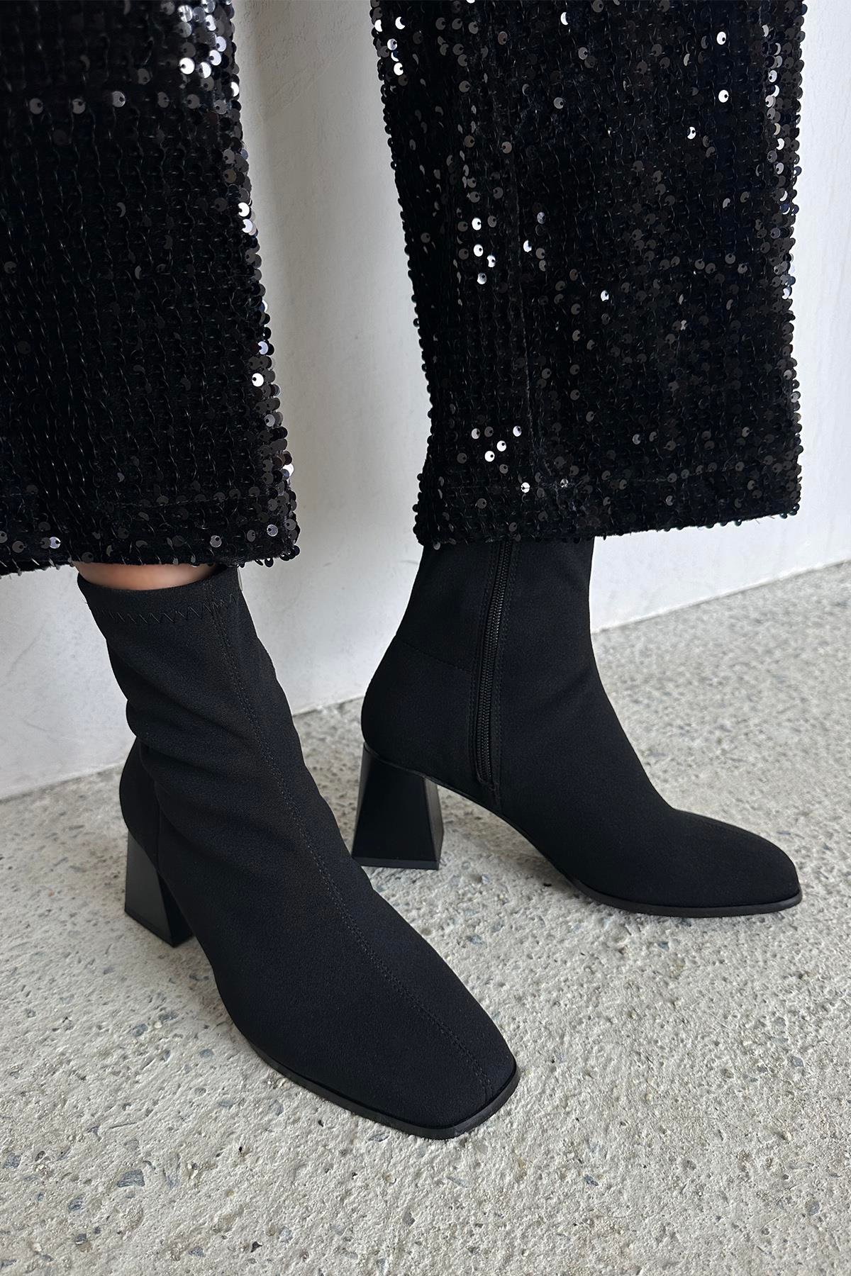 Trew Kadın Kumaş Streç Bilekli  Orta  Boy Topuklu  Bot Siyah