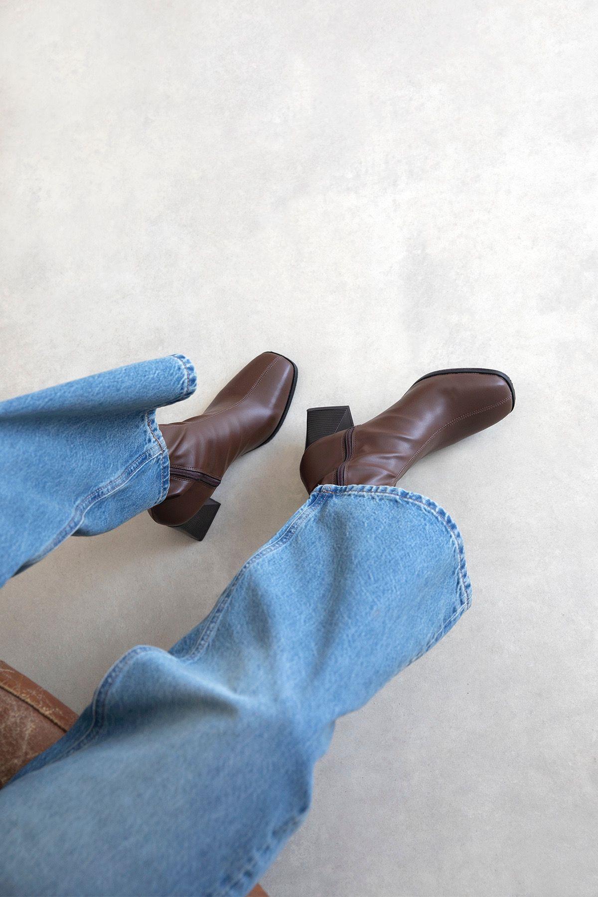 Trew Kadın Streç Bilekli  Orta  Boy Topuklu  Bot Kahve