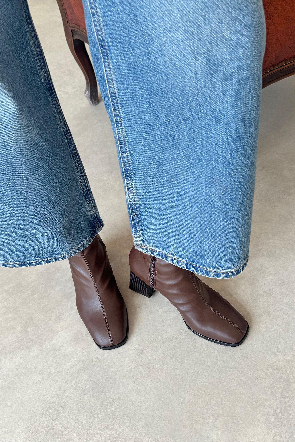 Trew Kadın Streç Bilekli  Orta  Boy Topuklu  Bot Kahve