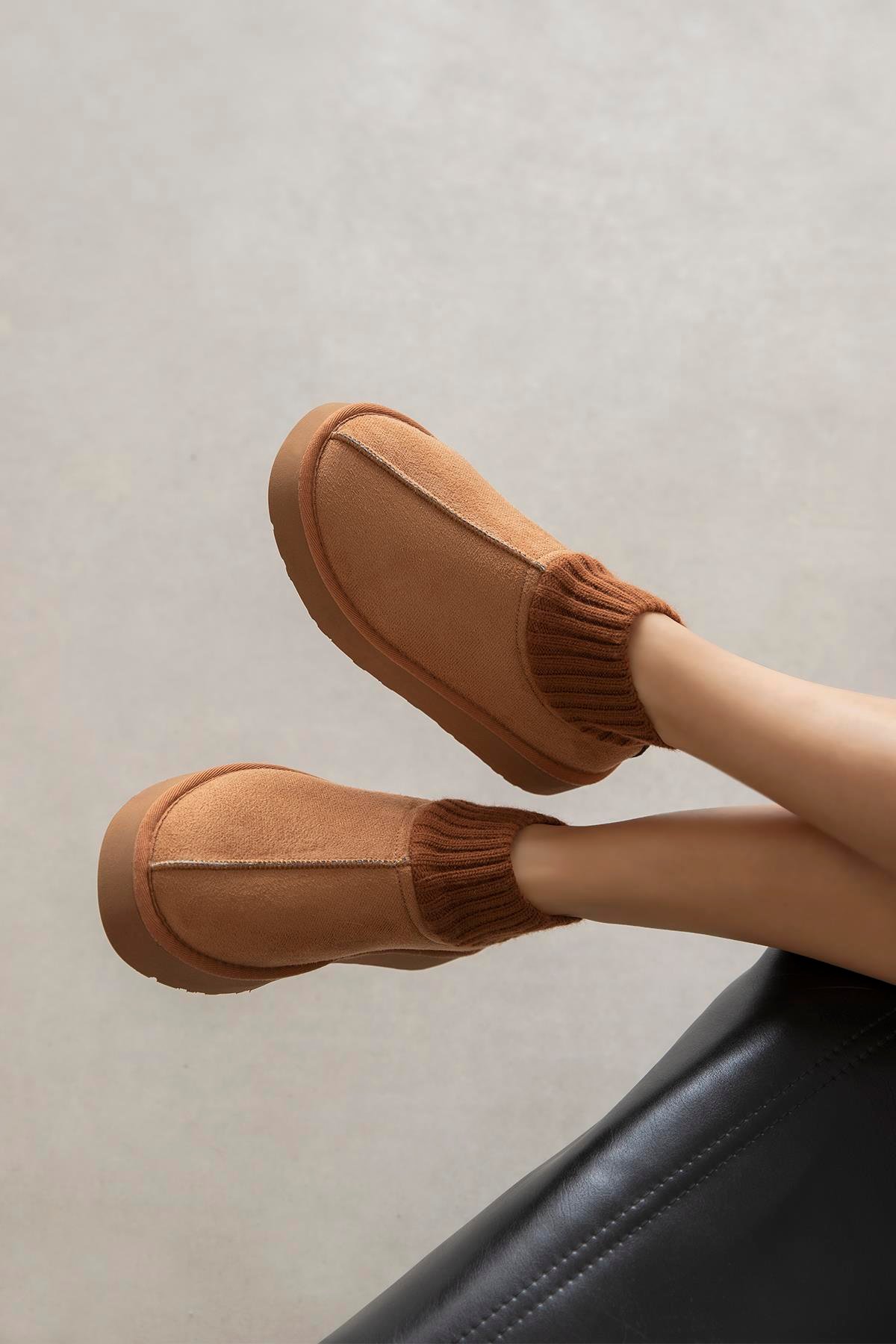 Yuki Kadın Triko Detay Ev Terliği Taba