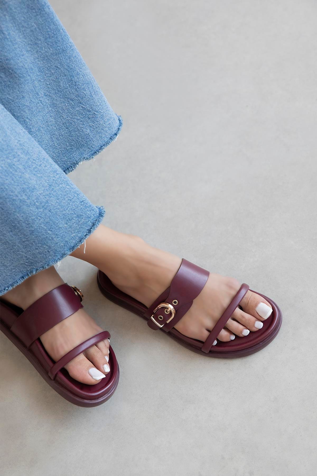 Zeus Kadın Toka Detay Günlük Konfor Deri Terlik Bordo