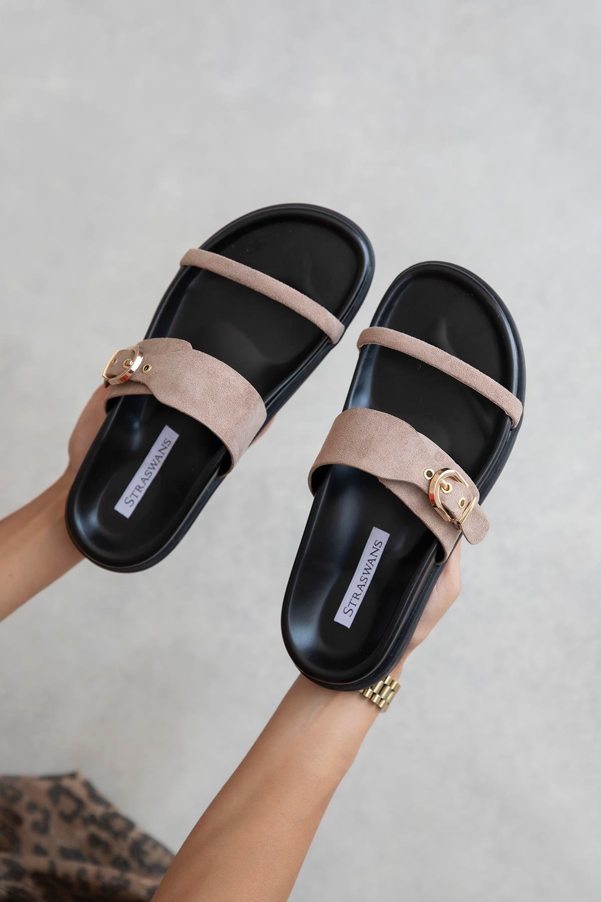 Zeus Kadın Toka Detay Günlük Konfor Süet Terlik Vizon