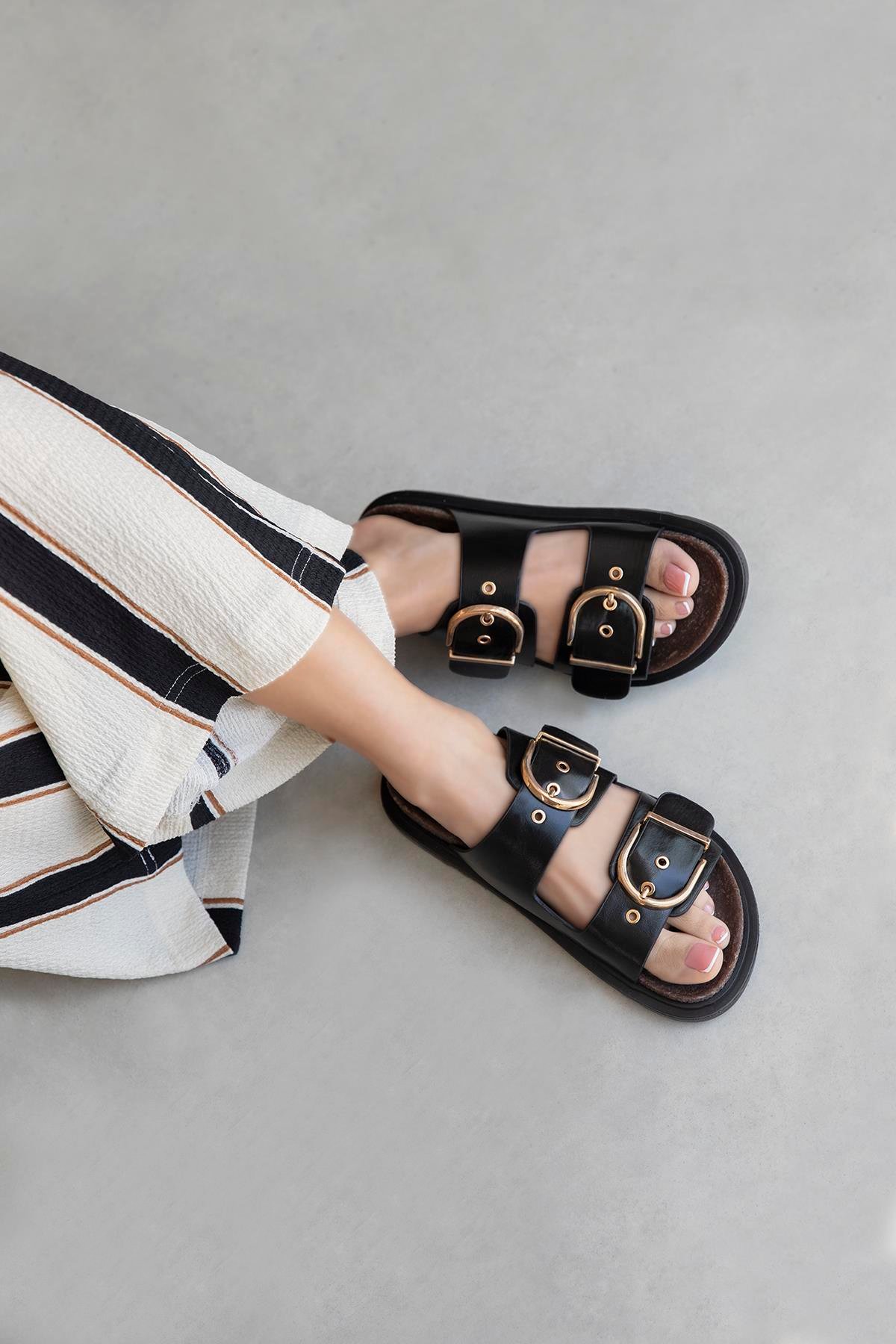 Zowie  Kadın  Toka  Detay  Günlük Konfor  Deri Terlik Siyah