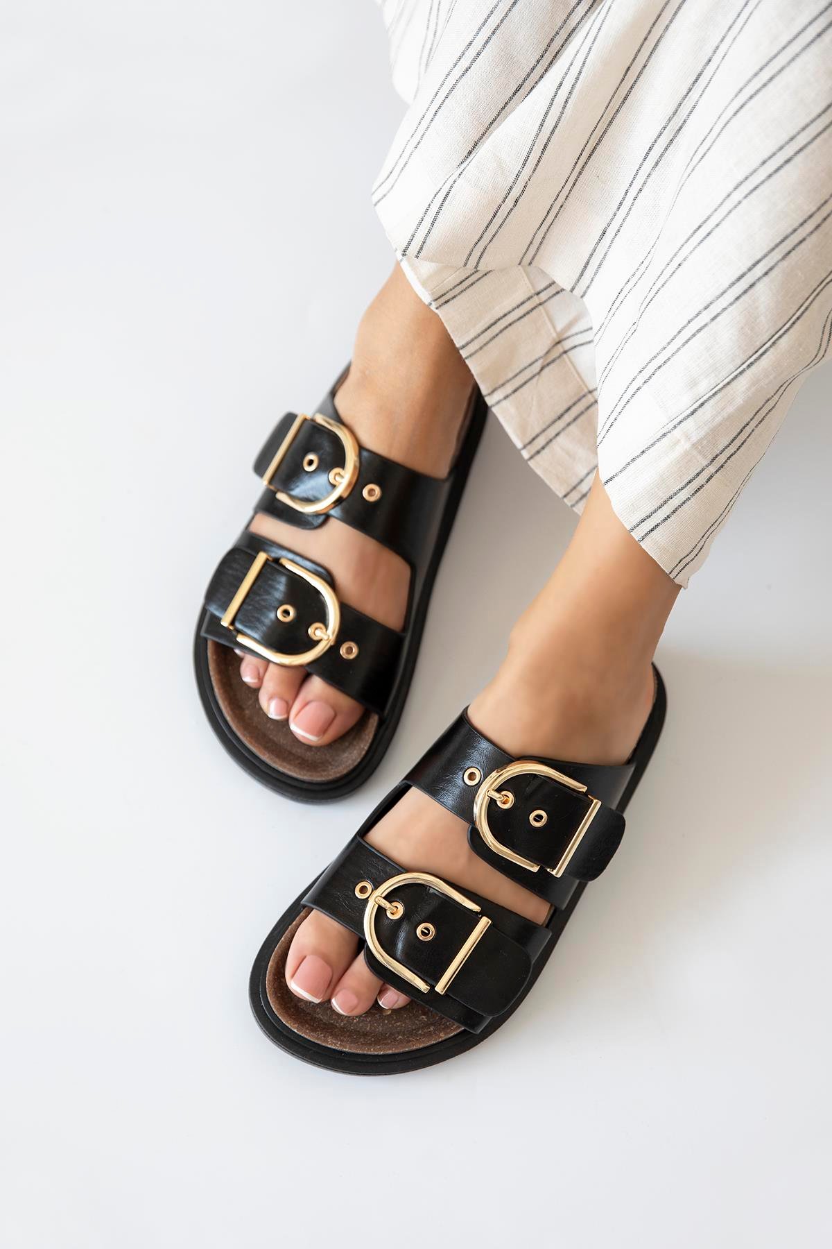 Zowie  Kadın  Toka  Detay  Günlük Konfor  Deri Terlik Siyah