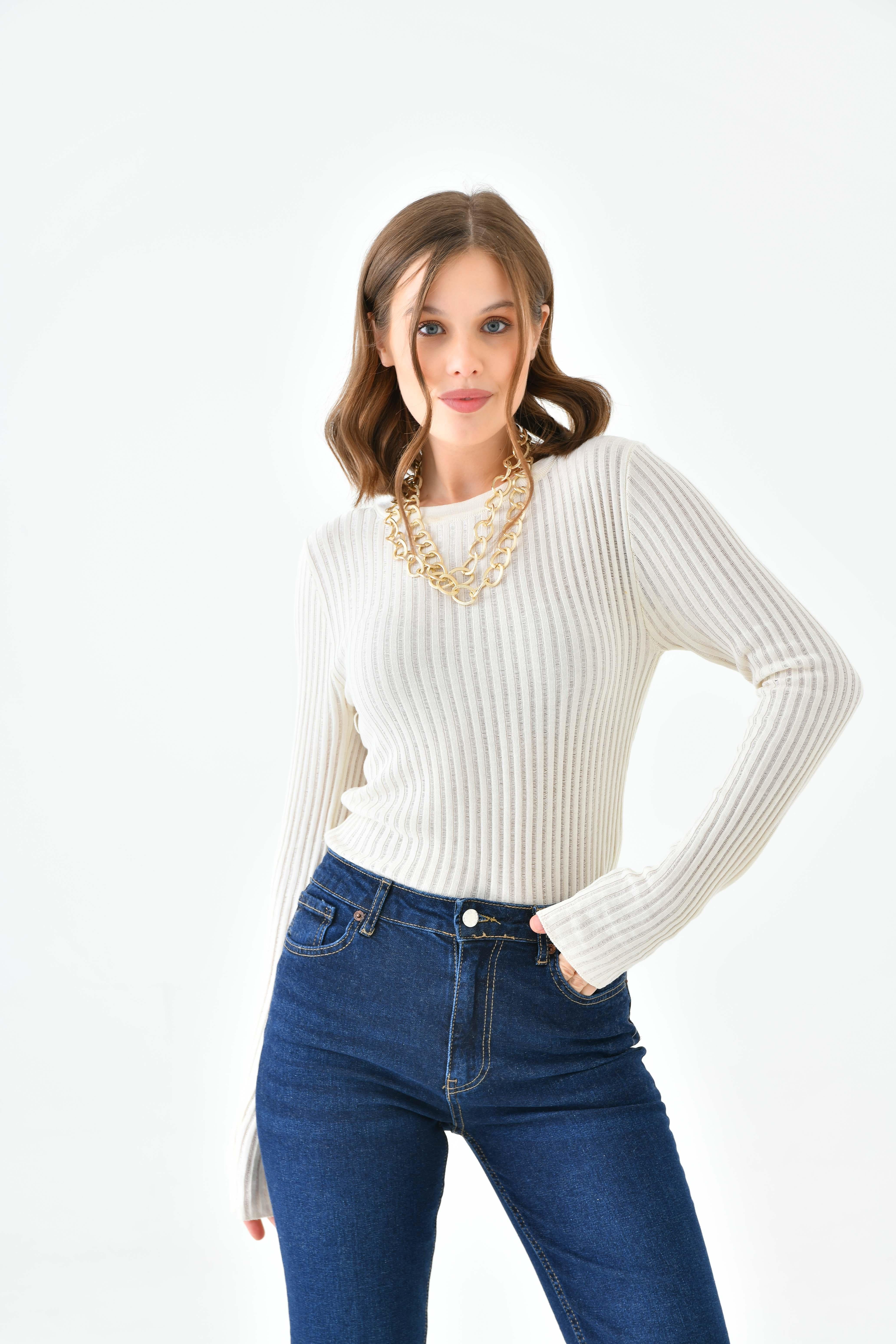 BİSİKLET YAKA EKRU BASİC BLUZModa AkımıBluz