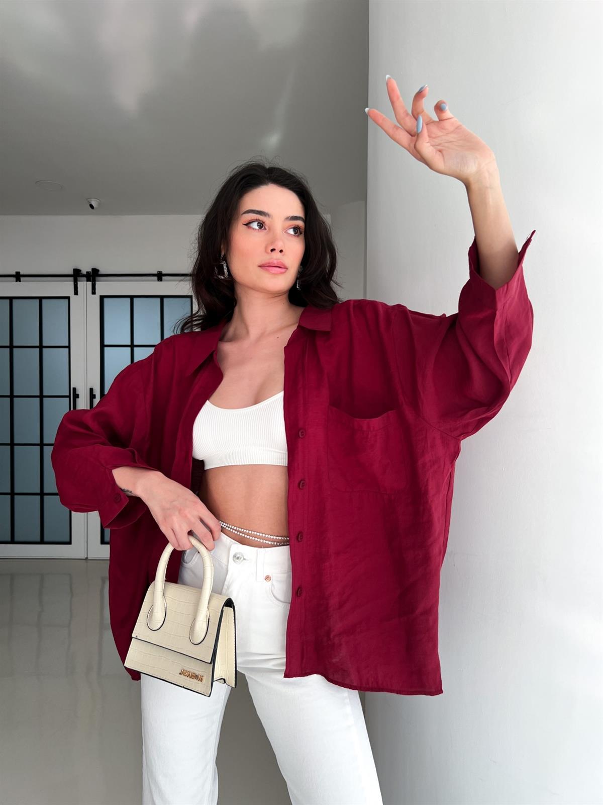 KADIN BORDO OVERSİZE DÜŞÜK OMUZ GÖMLEKModa AkımıGömlek