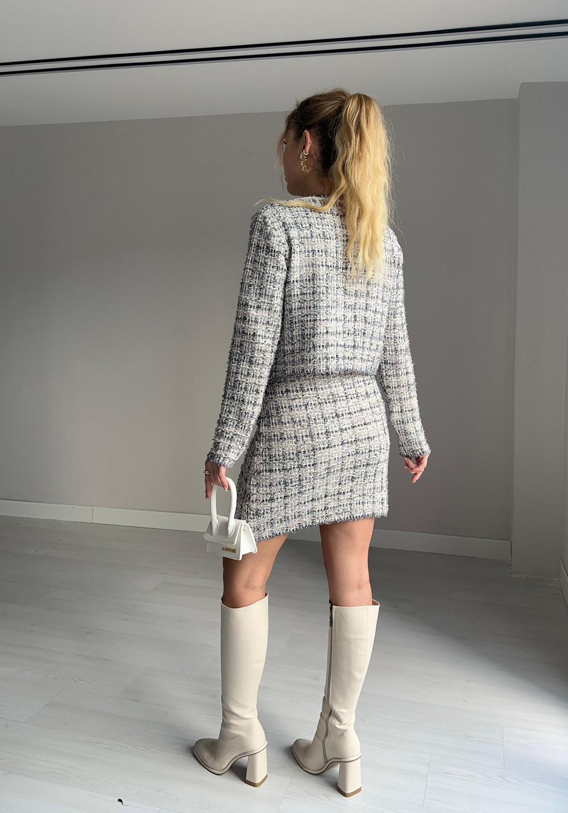 KADIN BUZ GRİ INVI DÜĞMELİ ETEK BLUZ TAKIMModa AkımıSet