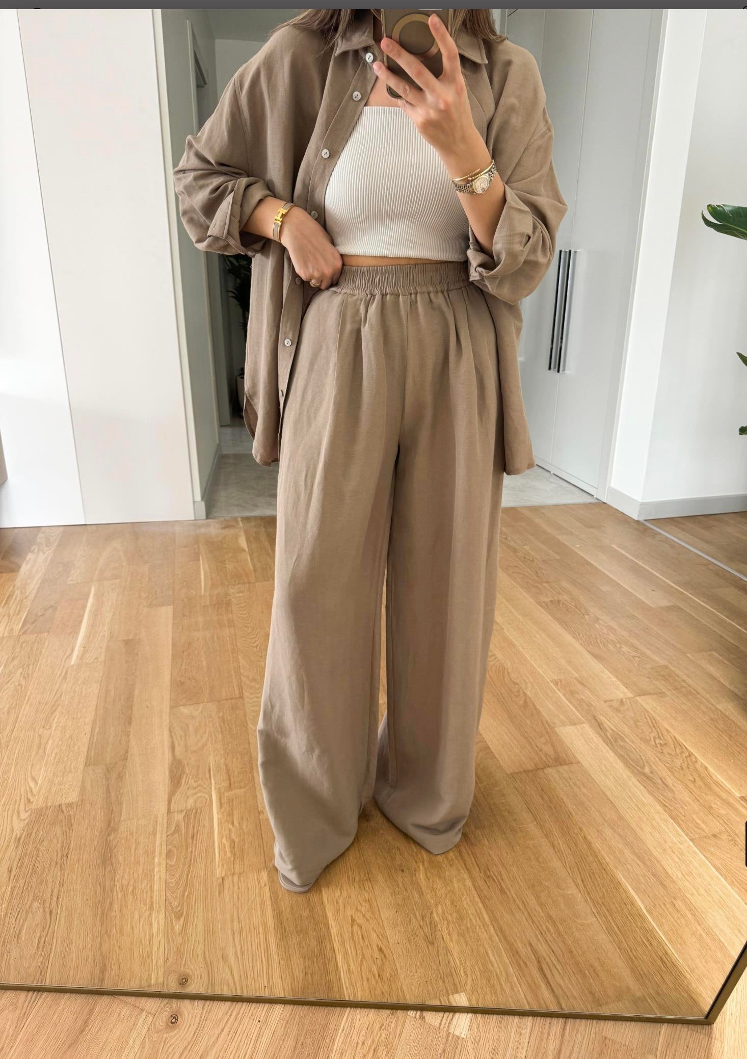 KADIN CAMEL KETEN PANTOLON GÖMLEK TAKIMModa AkımıSet