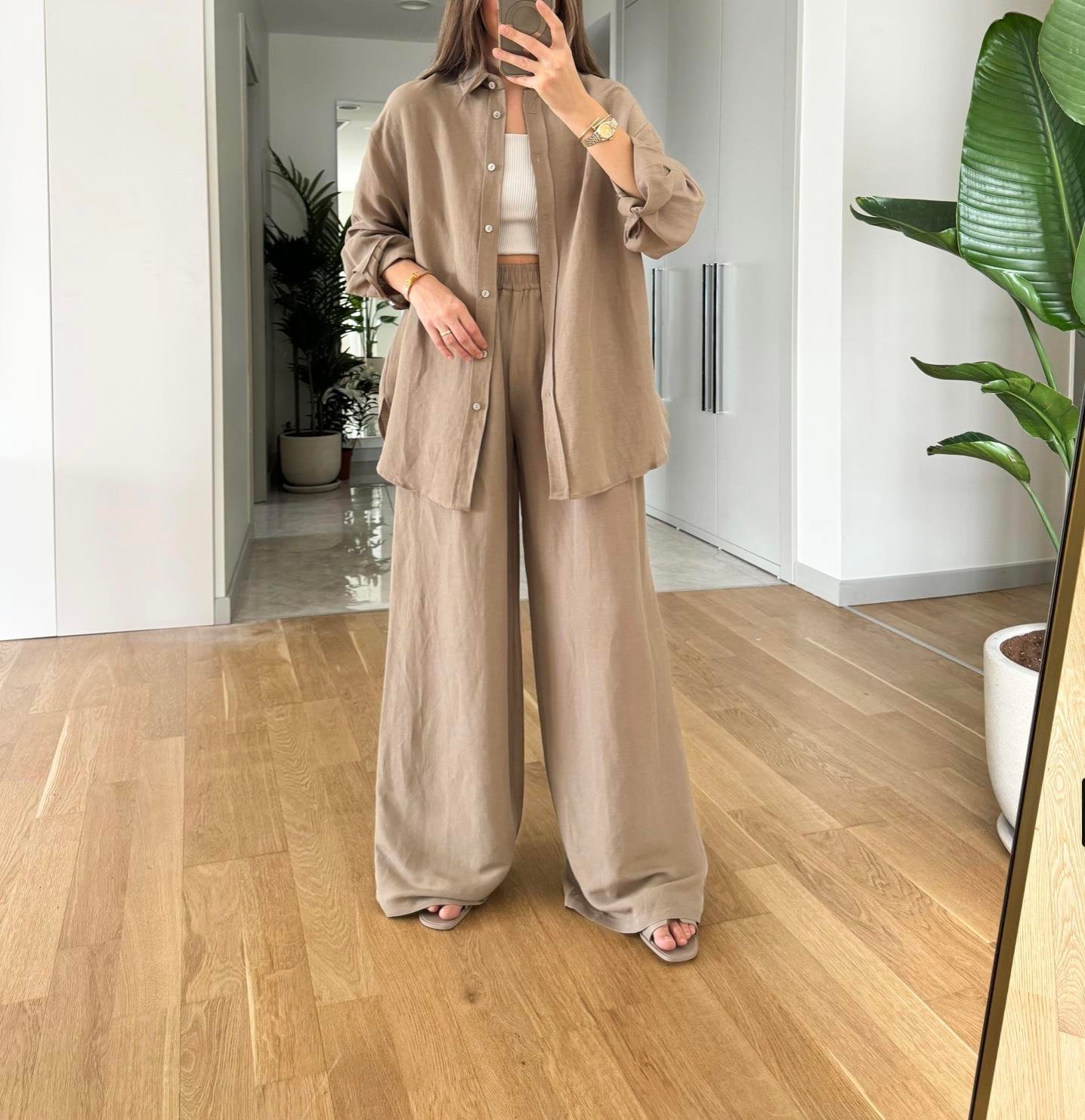 KADIN CAMEL KETEN PANTOLON GÖMLEK TAKIMModa AkımıSet